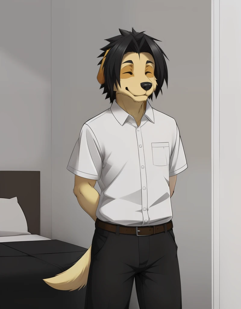 (((detailed eyes, detailed face))), (furry, kyouji <lora:character_kyouji_findigo_v3+1:1>, black hair, hair intakes, dog boy, snout, closed eyes:1.8, ^_^), male, (solo), (plump), (white shirt, black pants), standing, (arms behind back), smile BREAK (konzaburou, ukan_muri, cute), bedroom, (flat shading, high brightness), 8k, UHD, masterpiece, (full body)