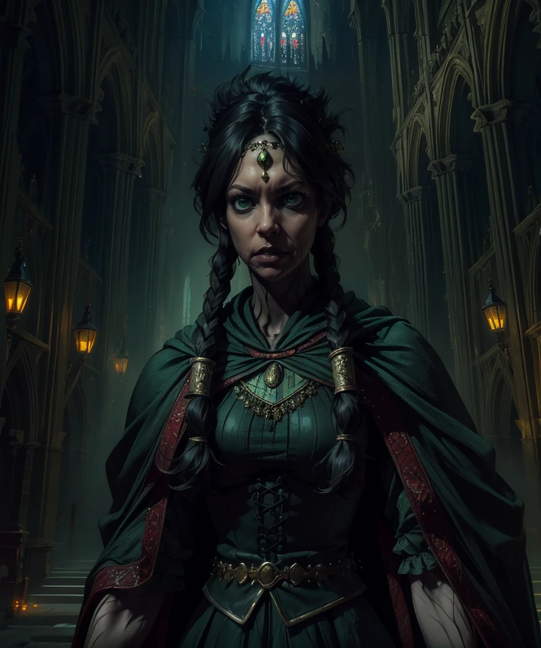 fool,black hair,green eyes,twin braids,
black dress,cloak,jewelry,circlet,(extra arms:1.2),
standing,upper body,facing viewer,
cathedral,dark,
(insanely detailed, masterpiece, best quality),solo,<lora:fool118:0.8>,