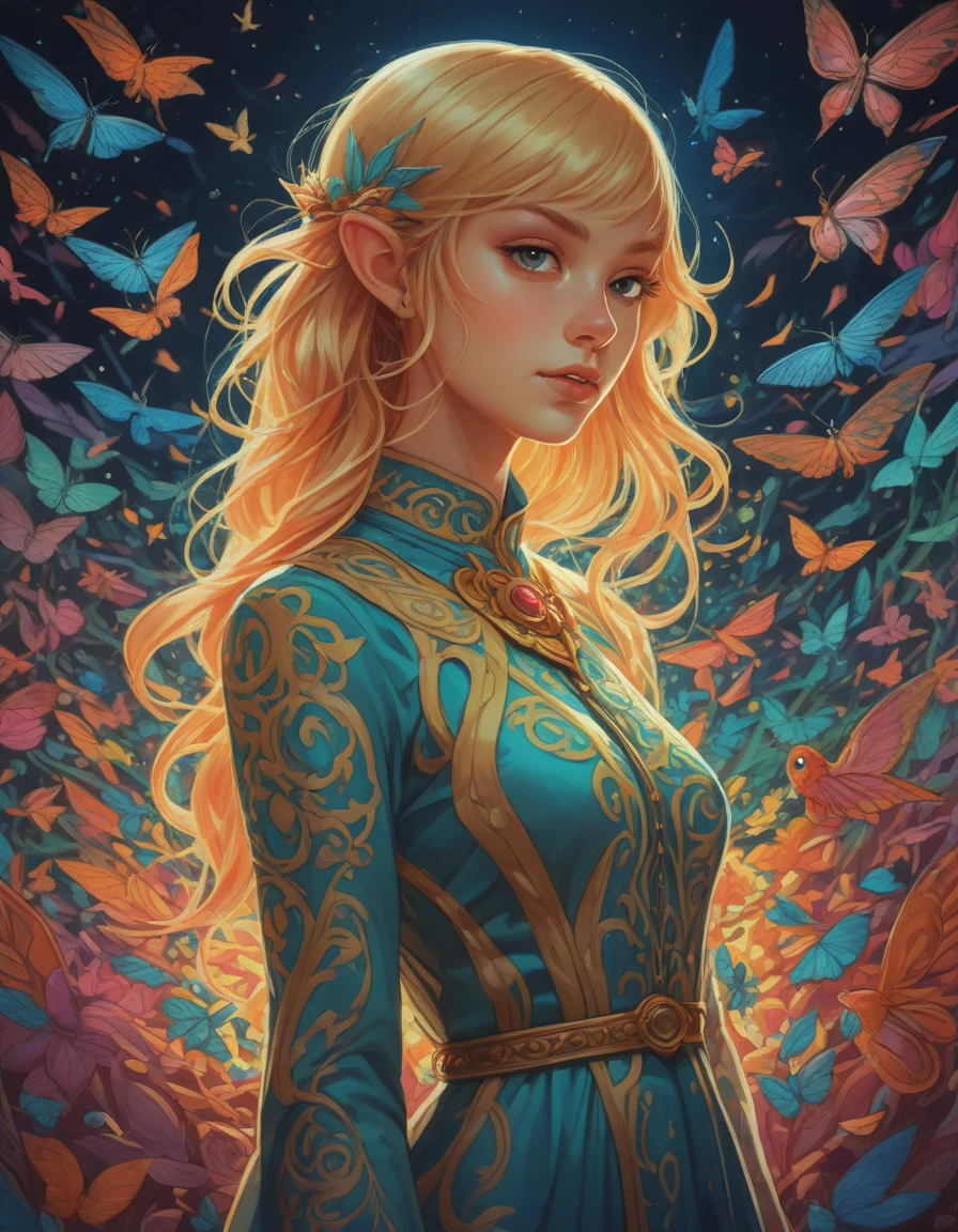 great lighting, the legend of Zelda, Focused lights, whimsical fairytale, psychedelic trip <lora:dare_fairytale_trip:0.8> BREAK a cutegirlsmiling, Tristan Eaton, victo ngai, artgerm, RHADS, ross draws, holographic fashion runway, avant-garde designs, virtual models, cutting-edge style