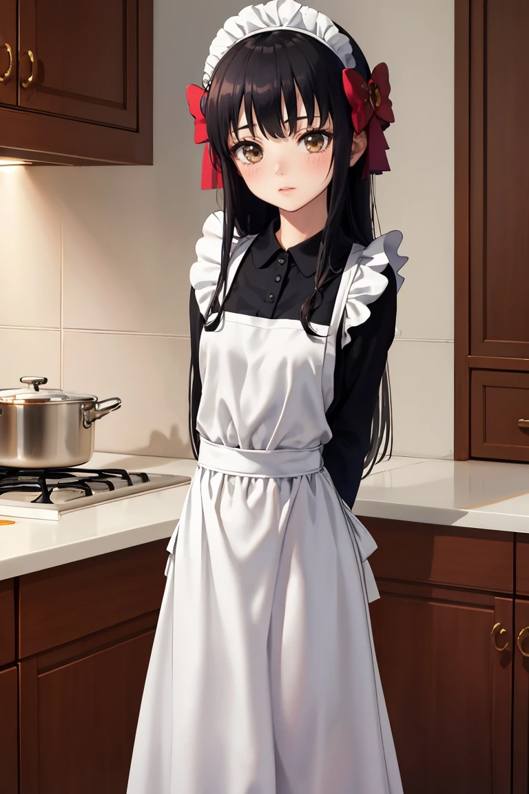 masterpiece, best quality, absurdres, ChikaruMinamoto, hair bow, maid, maid headdress, maid apron, kitchen, arms behind back, blush, <lora:ChikaruMinamoto:1>