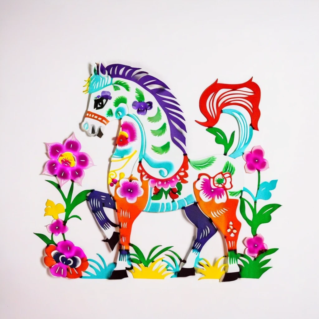 an image of a colorful horse,grass,flowers,solid white background,colorful SP_CN_PPC,paper cutting <lora:0204_paper_cutting-checkpoint-5000:1.0>
