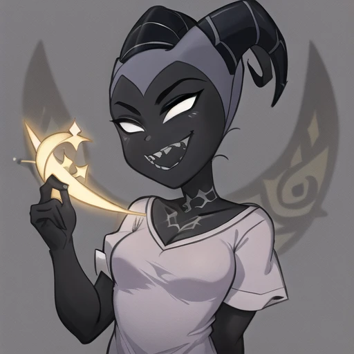 8k, masterpiece, <lora:lute:0.9>, lute, horns, colored skin, solo, 1girl, grey shirt, smile, black skin, symbol, sharp teeth