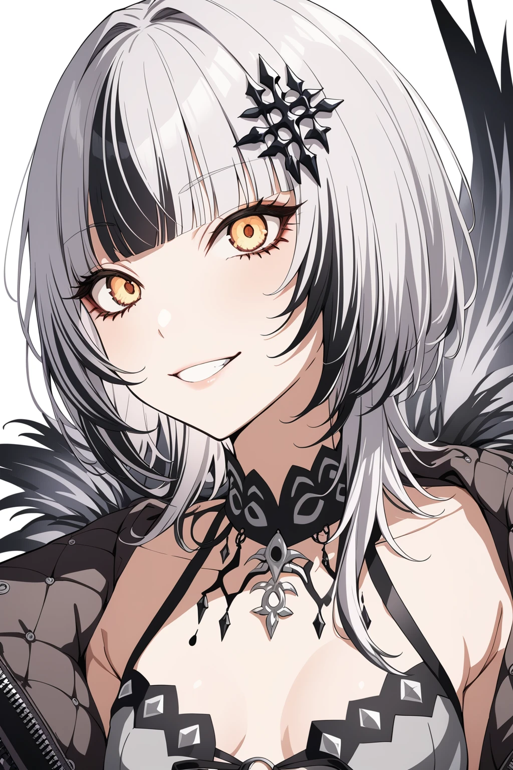 1girl, shiori novella,
short hair, silver hair, yellow eyes, small breasts, dress, cropped jacket, seductive smile, head tilt,
white background, simple background, anime coloring,
masterpiece, best quality,