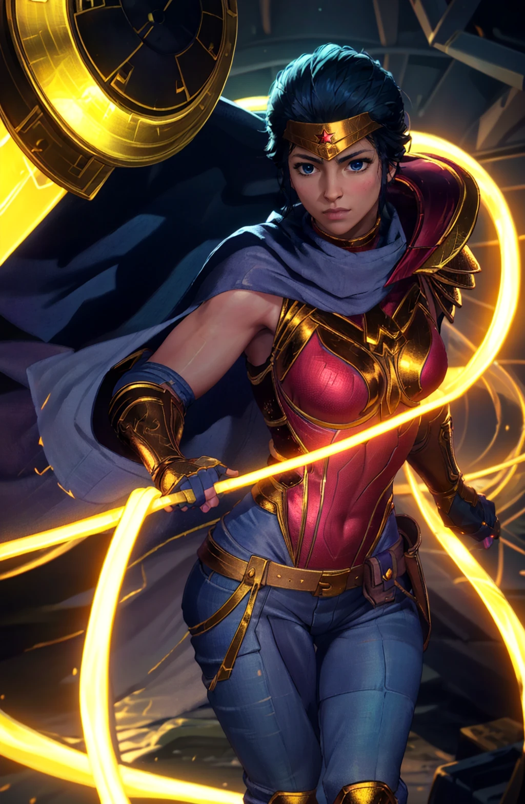 best quality, 8k uhd, dslr, soft lighting, high quality, lasso of truth, <lora:WonderWomanSSKTJLv1.0:0.7> wonderwomanssktjl,1girl,tiara,red and gold armor,blue pants,cape,shoulder armor ,looking at viewer