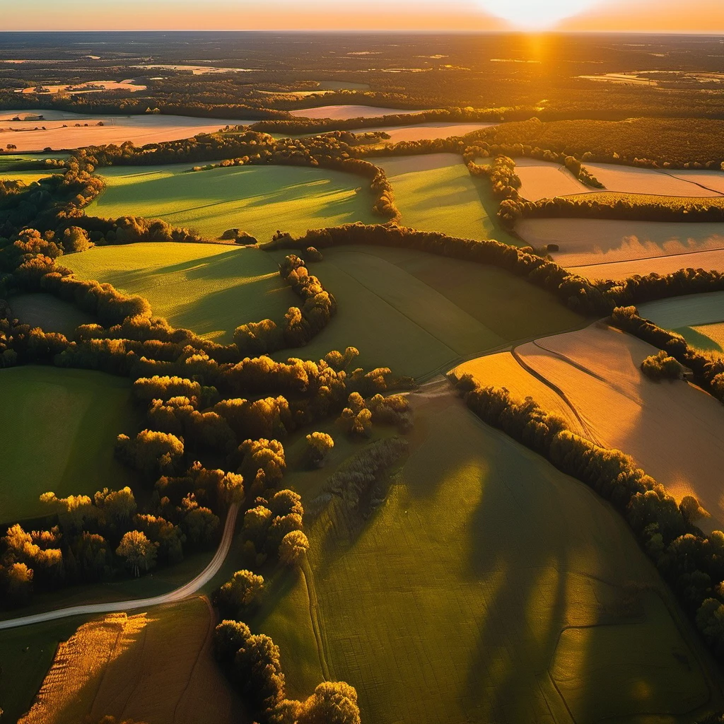 Aerial view looking over a mid-west landscape,  late afternoon sunset,  golden hour