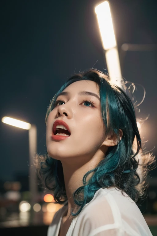 (masterpiece:1.35),(bestquality:1.4),8k,ultra-detailed,photography,(ultra-realistic:1.4),film grain,Fujifilm XT3,1girl,aisan slim female,solo,eyeliner,eyelashes,eyeshadow,lips,random_color_lipstick,random_color_nail_polish,stylish_chlothing,(Open Mouth,Flood lighting,looking up,subject look down:1.45),(Electric blue Hair,curly hair,messy hair,hair over eyes:1.37),