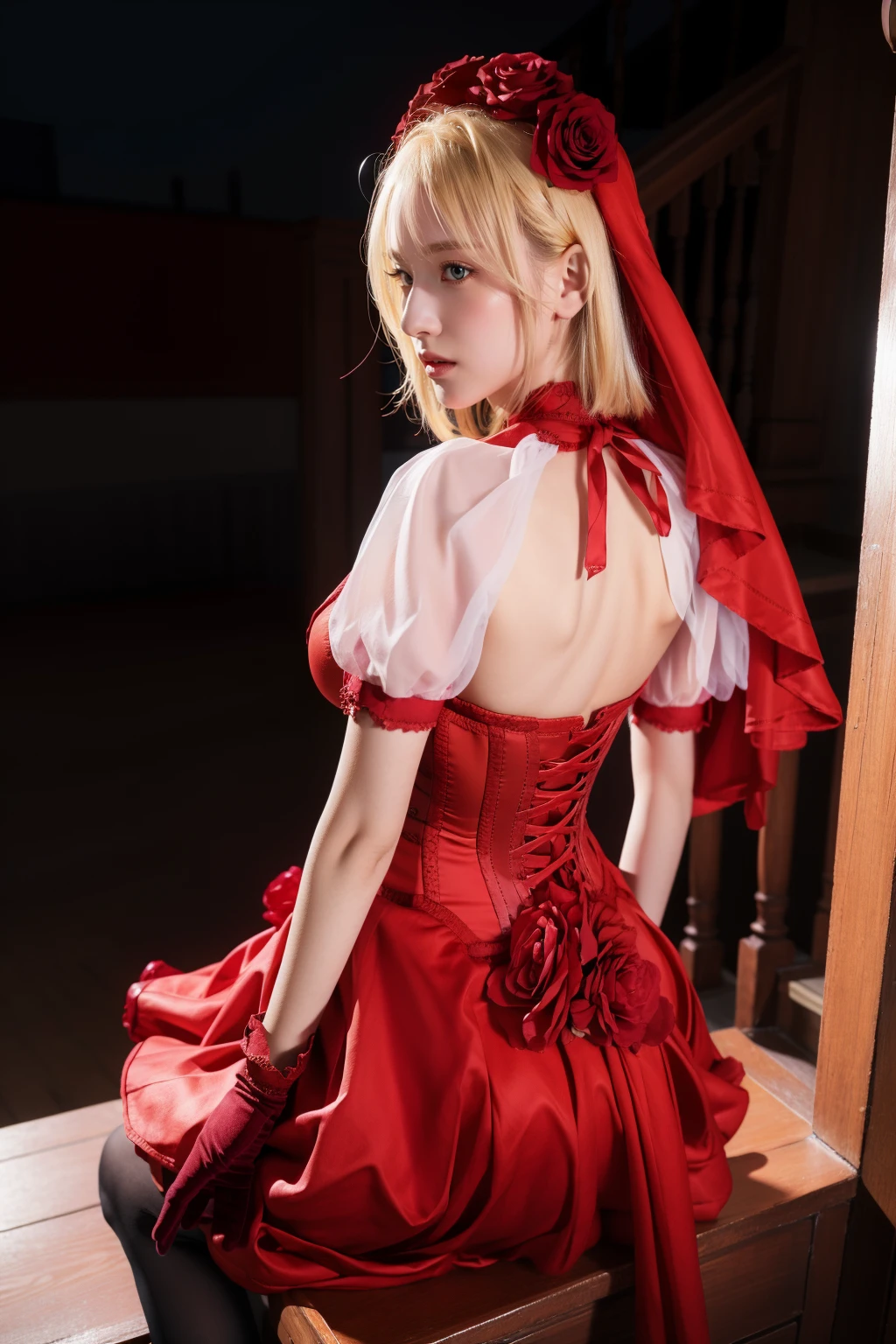 1girl,solo,medium breasts,outdoors,<lora:GoodHands-beta2:1>,(cowboy shot:1.2),(sitting on stairs:1.1),<lora:0187 Nero red rose fan costume_v1:0.9>,ruanyi0187,dress,veil,red rose,red gloves,black thighhighs,clothing cutout,corset,(from behind:1.2),puffy short sleeves,, best quality,masterpiece,highres,official art,extremely detailed cg unity 8k wallpaper
