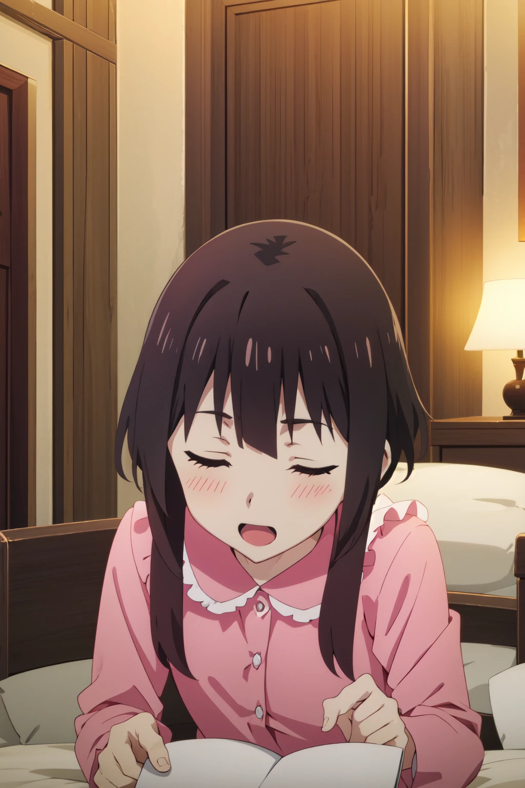 <lora:anime_screencap_v2:0.3> tall body, tall, long legs, mature female, mature, adult, <lora:GoodHands-beta2:1.4>,
<lora:eft_konosuba_megumi-02:1>, EFT_Konsuba_Megumi, 1girl, megumin, blush, closed eyes, open mouth, anime coloring, smile, solo, pajamas, brown hair, short hair with long locks, parody, short hair, indoors, upper body, bangs, long sleeves, meme