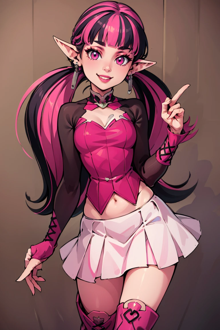 ((masterpiece,best quality)), absurdres,
<lora:Draculaura_Anime:0.8>, Draculaura_MH, pink top, black hair, pink hair, multicolored hair, pointy ears,
white skirt, pink knee boots, smiling, contrapposto