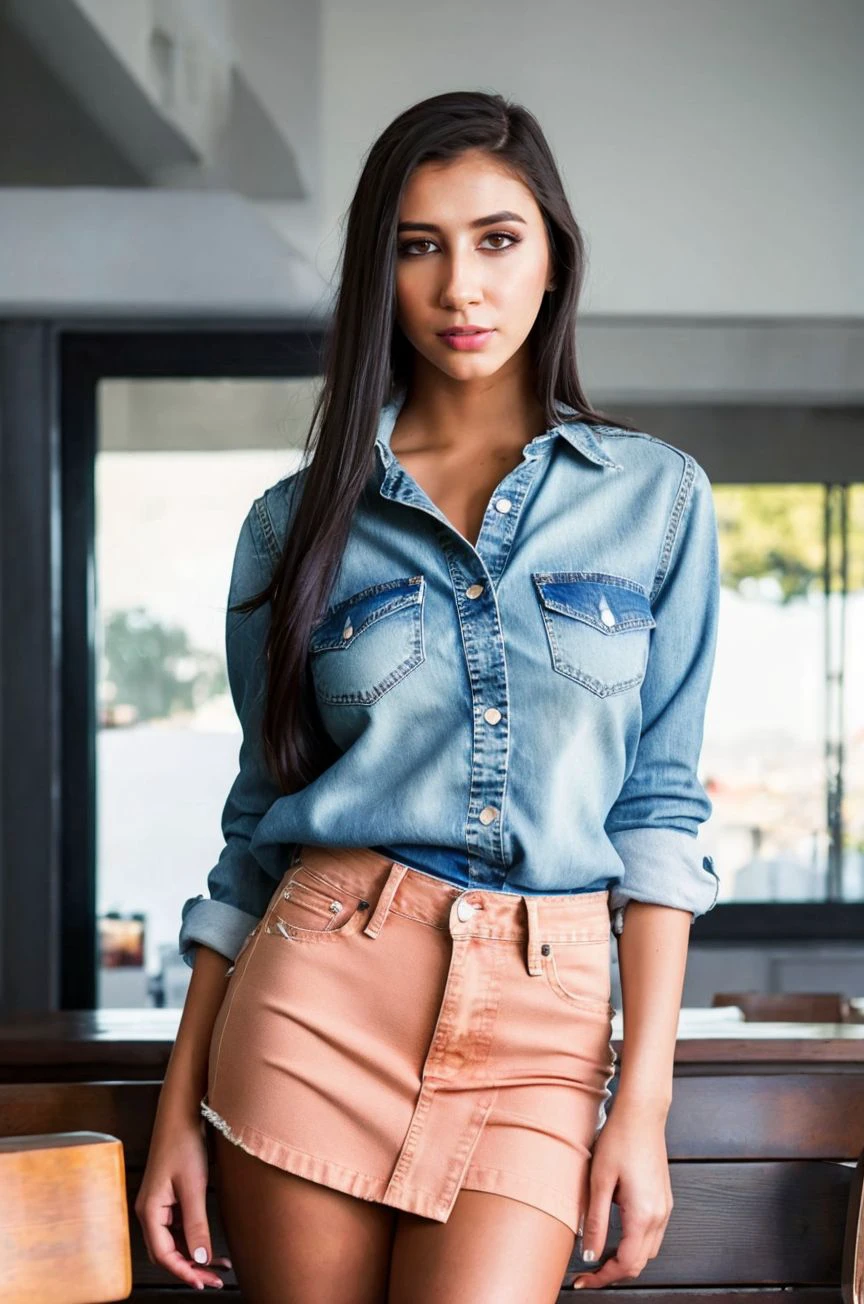 Instagram picture of a beautiful woman, casual denim skirt at a casual brunch, HDR Foto, epic character composition,by ilya kuvshinov, alessio albi, nina masic,sharp focus, subsurface scattering, f2, 35mm, film grain, latina <lora:giannd:1>