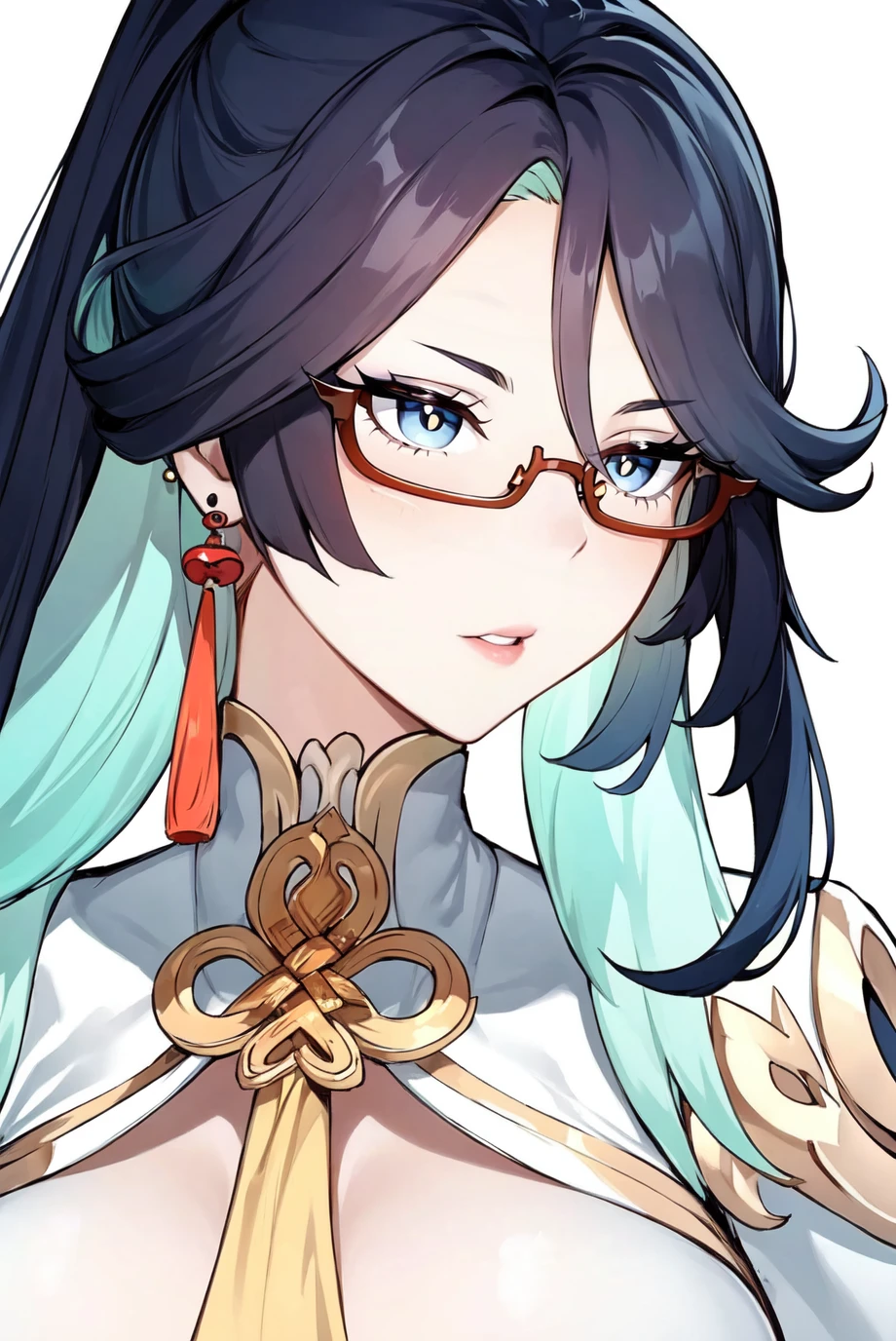 (white t-shirt:1.1), simple background, <lora:Xianyun:0.75> xianyun, glasses, hairbun, pupils, earrings, breasts