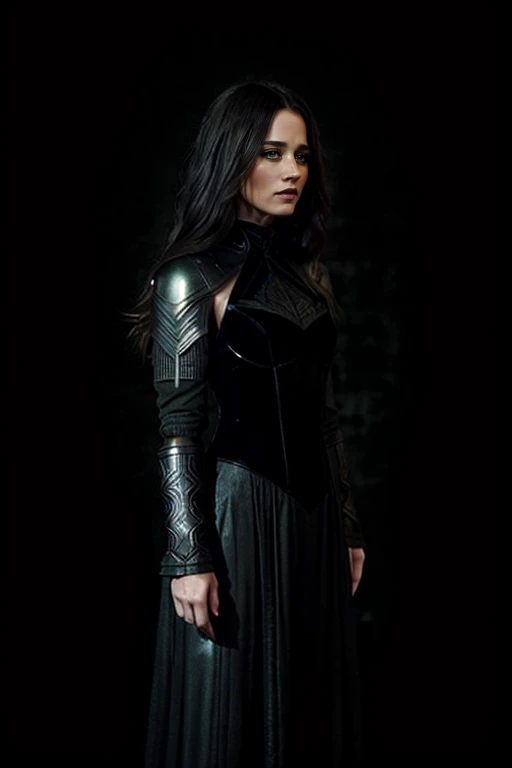 <lora:RT:1> 1girl, solo, realistic, r1873t, fcNeg, A digital painting of a mysterious and alluring woman with long hair, dressed in a sleek and stylish black outfit that blends elements of fantasy and fashion. Her clothing is a mix of flowing fabrics and intricate armor, with a design that suggests both elegance and functionality. The background is a moody and atmospheric setting, with dark and brooding colors that enhance the sense of mystery and danger. The overall design of the painting is inspired by the aesthetic of dark fantasy role-playing games, with a focus on the character's style and individuality within the context of a fantastical world. The final piece is a stunning and evocative portrait of a woman who exudes confidence, mystery, and a touch of danger, set against a backdrop of dark fantasy and adventure.
