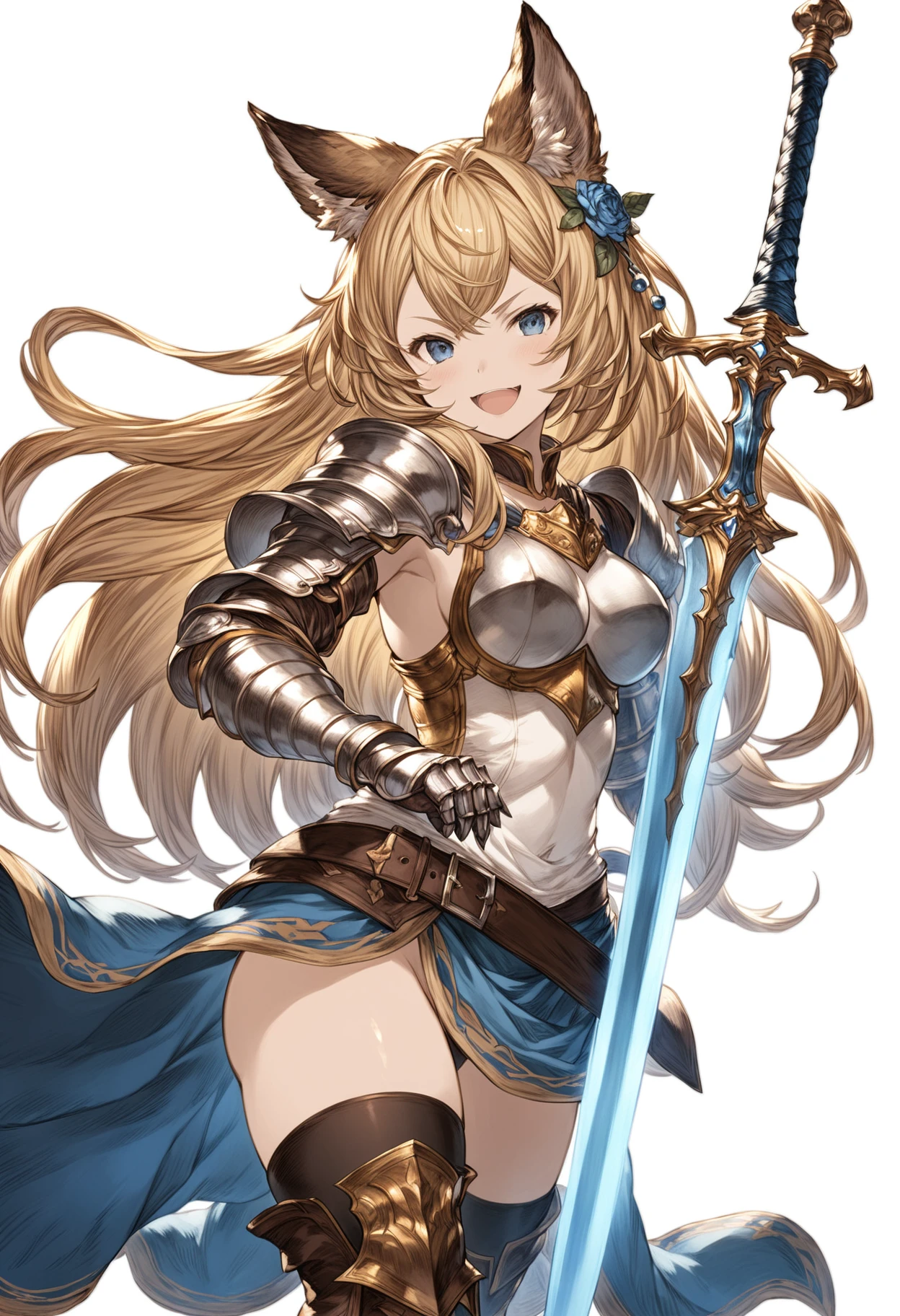 granblue_fantasy_style_xl, granblue, 1girl, :d, animal_ears, armor, black_legwear, blonde_hair, boots, braid, erune, full_body, holding, holding_sword, holding_weapon, long_hair, looking_at_viewer, open_mouth, simple_background, smile, solo, standing, sword, thighhighs, weapon, white_background,
shaded face, intricate detail, cinematic lighting, amazing quality, amazing shading, detailed Illustration, official artwork, wallpaper, extremely detailed eyes and face, beautiful detailed eyes, ((masterpiece, best quality)),
from below, dutch angle,
<lora:granblue_fantasy_style_xl:0.8>