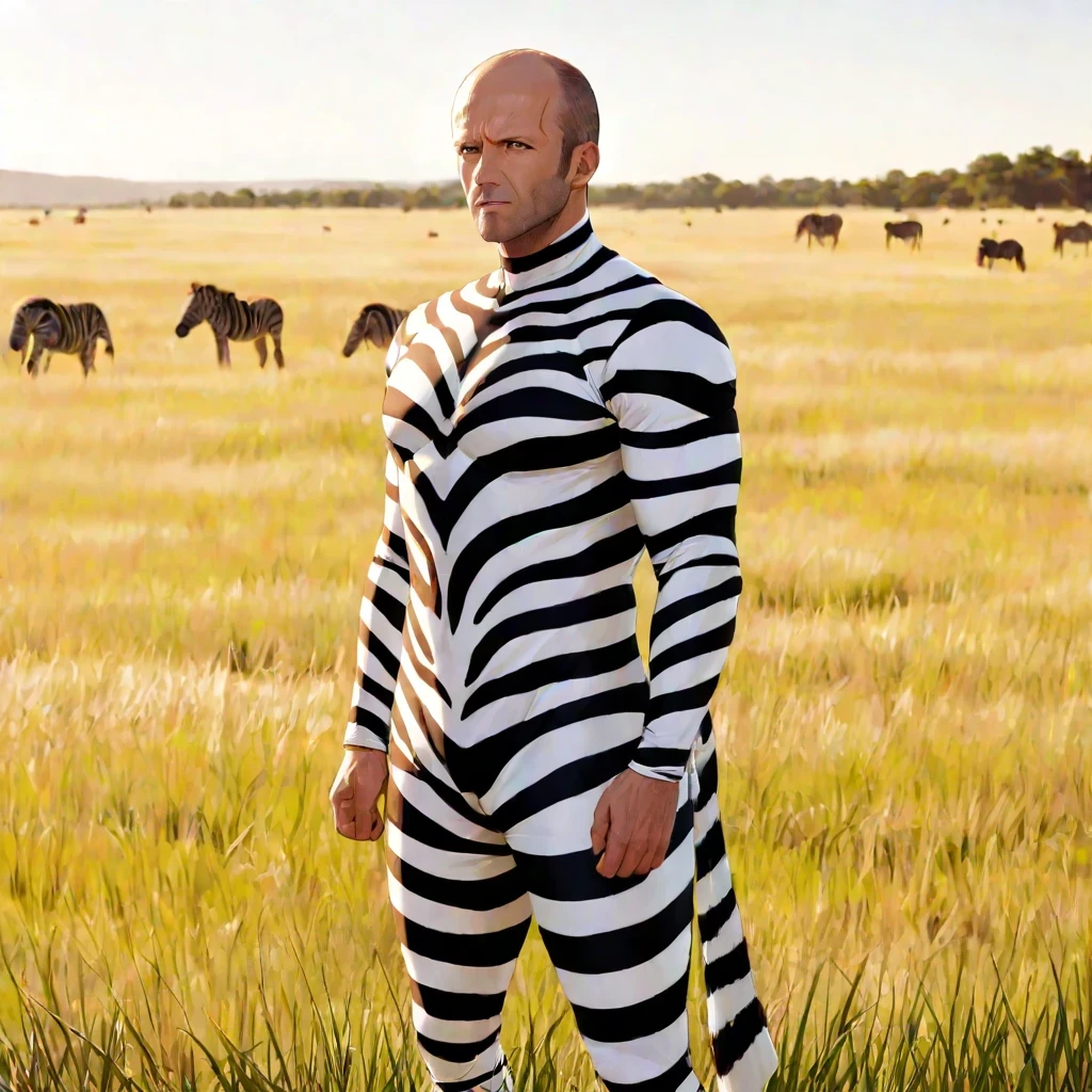 Photo of Jason Statham as a zebra, standing majestically in a grassy savanna, with his impeccably sharp black and white stripes catching the sunlight as he looks confidently into the distance with a strong, stoic expression.