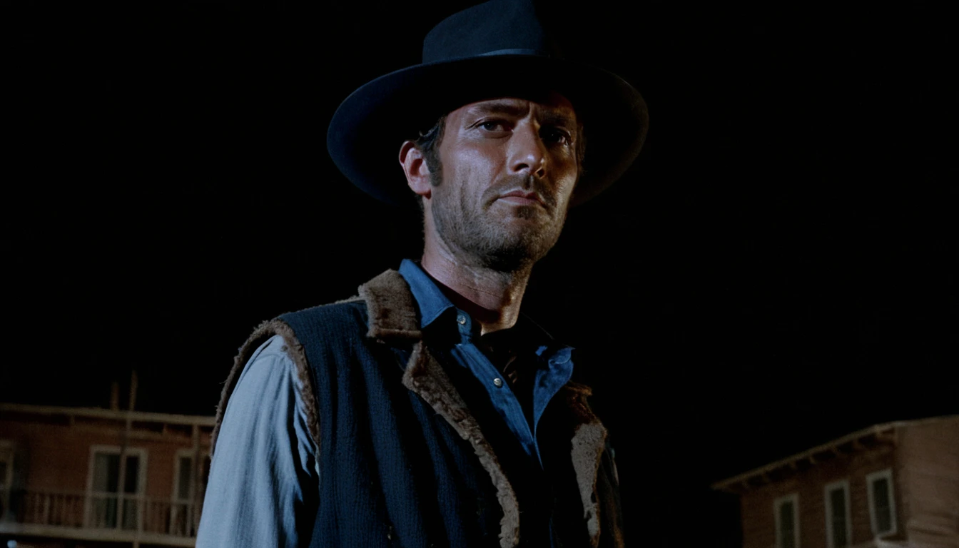 spaghetti-western movie still,

low angle mid shot, dark night, man standing in town, shadowed face, stubble, hat, (blue light:0.6), shirt, vest,


high budget, shot on technicolor, 35mm photo,