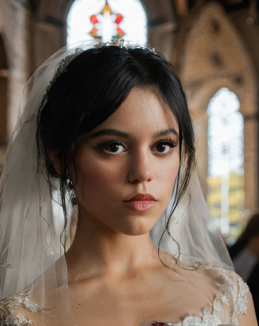 a beautiful picture of w3dn3sday, masterpiece, photorealistic, woman, detailed, backlighting, light, RAW color photo,(fully in frame:1.1), detailed skin texture, (blush:0.5), (goosebumps:0.5),inside a church, wearing a wedding dress, black hair, <lora:w3dn3sday_2:1>,face closeup