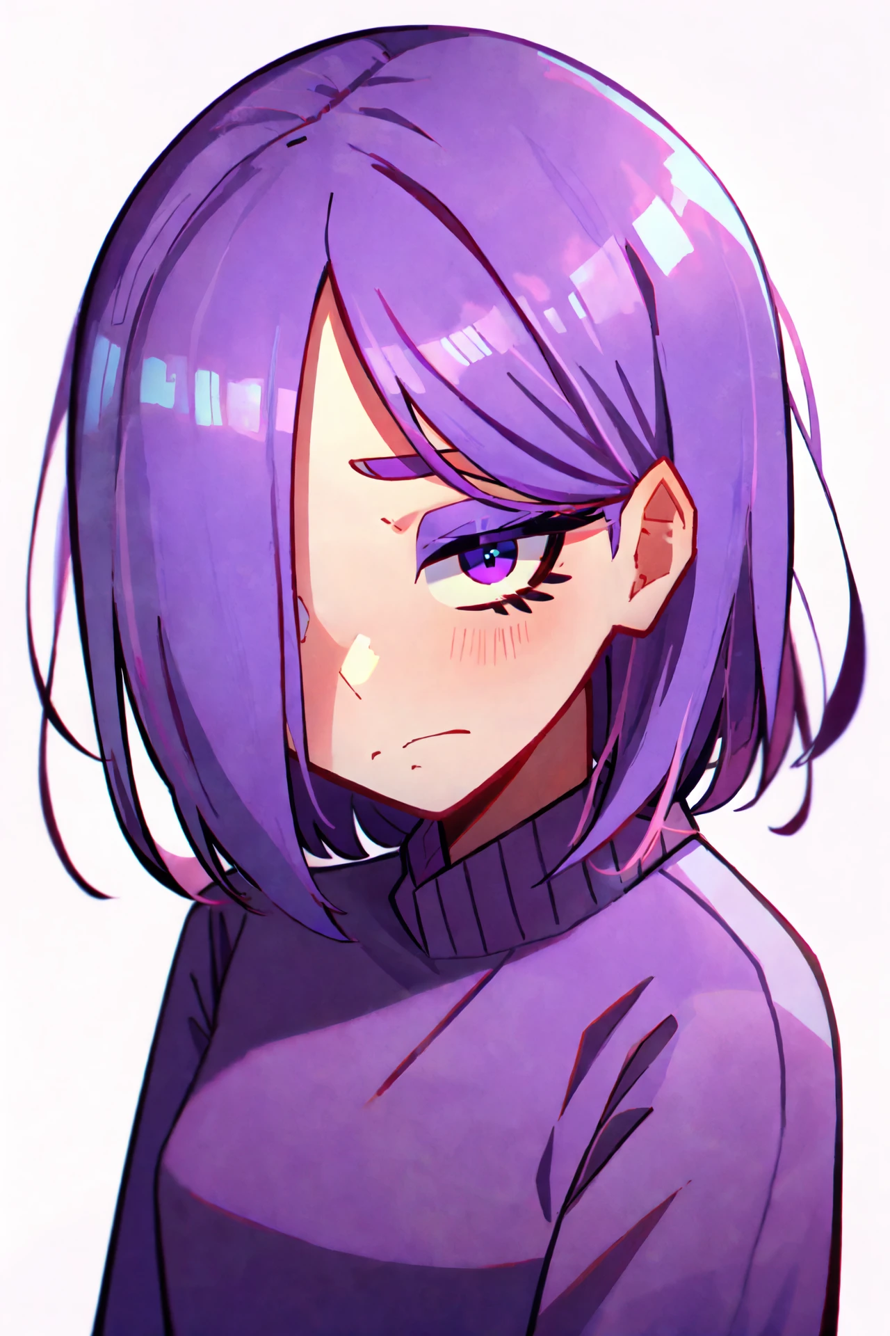 <lora:hll6-fluff-a9:1> (by ikr \(artist\):0.8), white background, simple background,
solo, standing, looking at viewer,
unamused, frown,
<lora:ch-lily-duolingo:1> purple hair, medium hair, hair over one eye, purple eyeshadow, thick eyelashes, blunt ends, blunt bangs,
purple sweater, purple pants