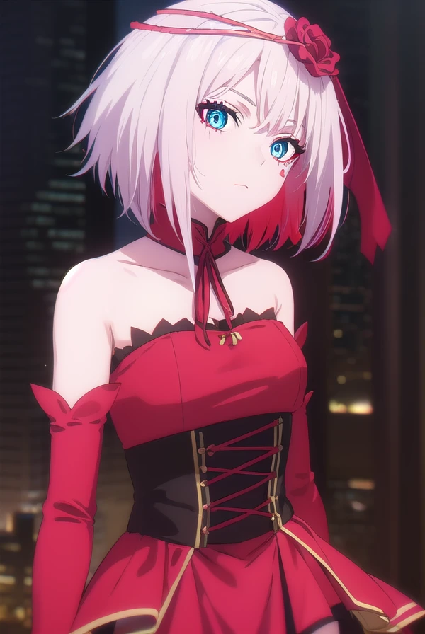 taktopdestiny, <lora:taktop destiny s1-henshin-lora-nochekaiser:1>,
destiny, short hair, hair ornament, flower, white hair, red hair, multicolored hair, hair flower, rose, colored skin, facial mark, red flower, red rose, thorns,
BREAK thighhighs, dress, bare shoulders, detached sleeves, black thighhighs, zettai ryouiki, strapless, detached collar, red dress, corset, red sleeves,
BREAK outdoors,
BREAK looking at viewer, (cowboy shot:1.5),
BREAK <lyco:GoodHands-beta2:1>, (masterpiece:1.2), best quality, high resolution, unity 8k wallpaper, (illustration:0.8), (beautiful detailed eyes:1.6), extremely detailed face, perfect lighting, extremely detailed CG, (perfect hands, perfect anatomy),