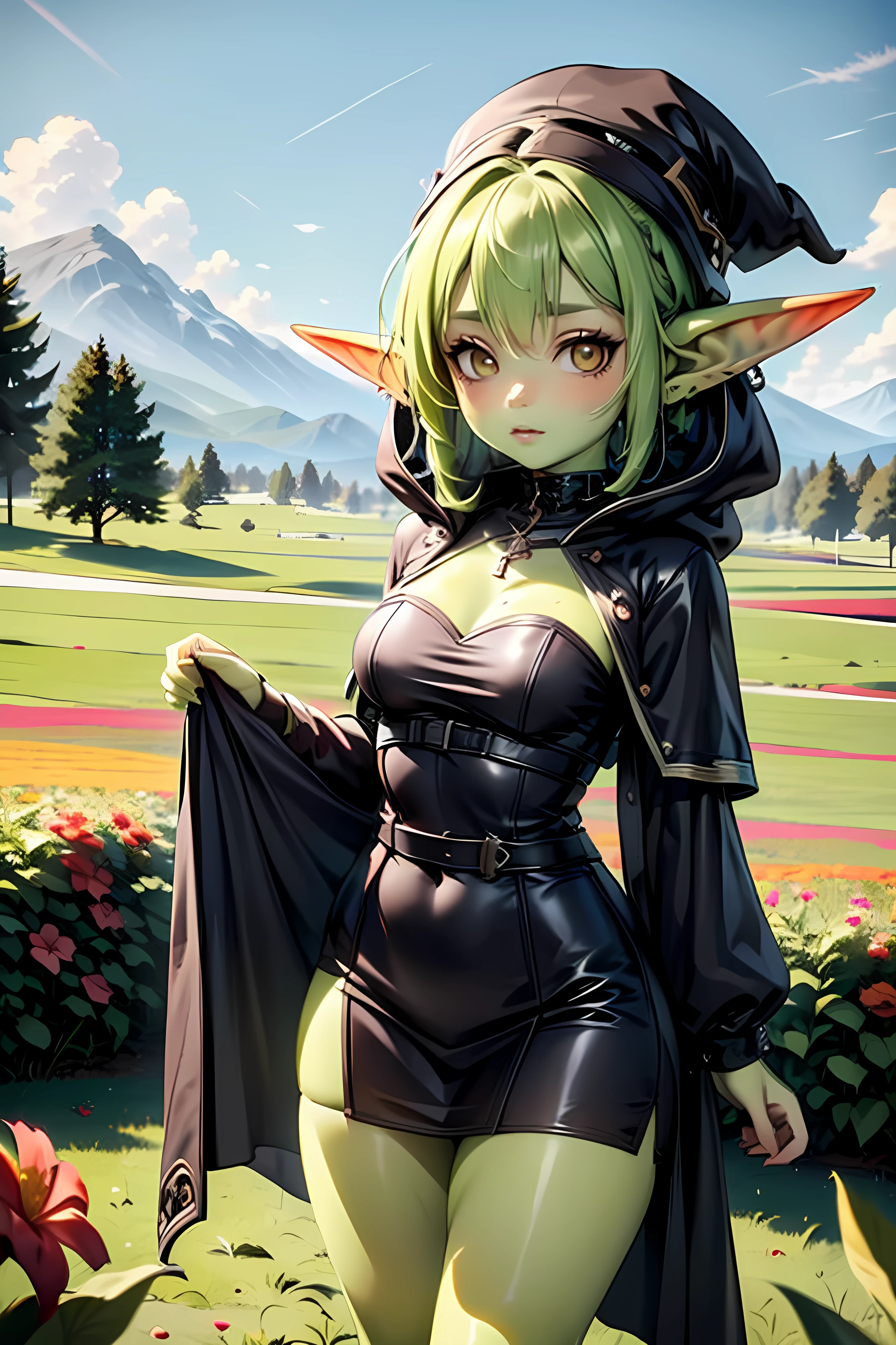 ((best quality)), ((masterpiece)), (detailed) ,

fgoblindef, onlygoblin, green skin, colored skin, flower field , outside, black cloak

