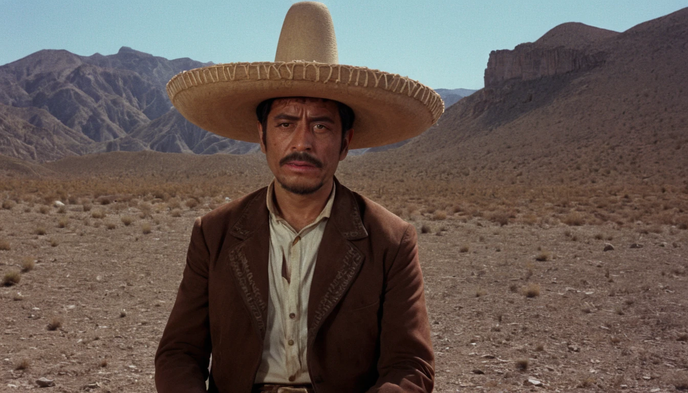 spaghetti-western movie still,

one mexican man wearing sombrero, desolate mountain landscape,

high budget, shot on technicolor, 35mm photo, anamorphic lens,