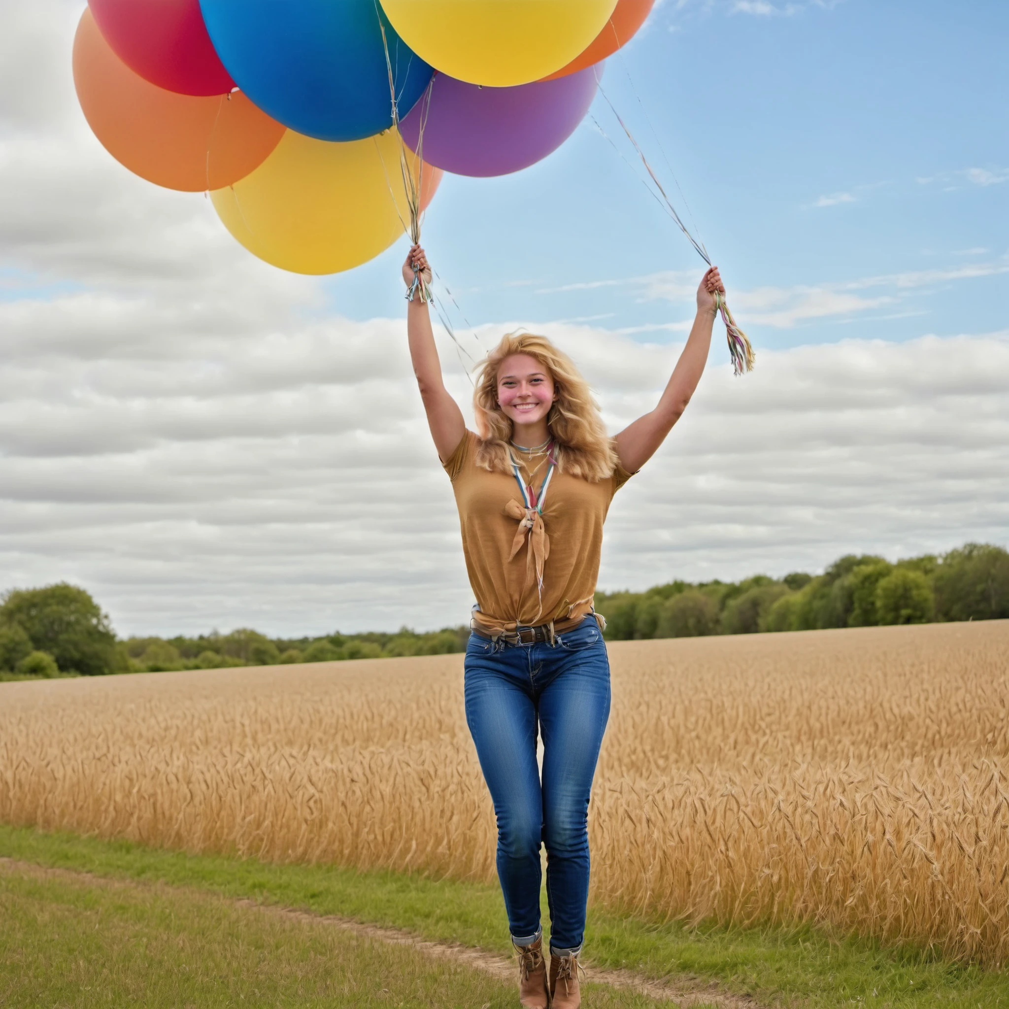 Very attractive young 20 year old girl,  blonde hair,  random style,  sexy clothes,  random smile,  proper proportions,  medium breast,  real skin,  being carried skyward,  holding strings,  giant cluster of,  ((extremely large 9.9)) colorful helium weather balloons,  floating high in the sky,  real,  realistic,  8k,  photgraghic,  photorealistic,  hyper detailed,  hyper realistic,  taken from a distance,  high depth of field,  Cluster Balloon,  Flying,  Flight