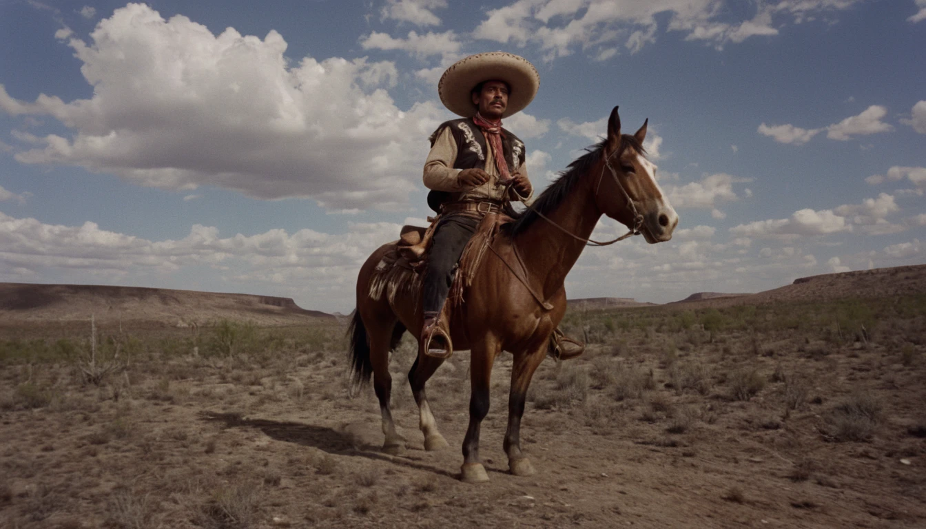 spaghetti-western movie still, low angle medium shot,

desolate landscape, mexican man riding horse, sombrero, blue sky, clouds,

high budget, shot on technicolor, 35mm photo, alone,