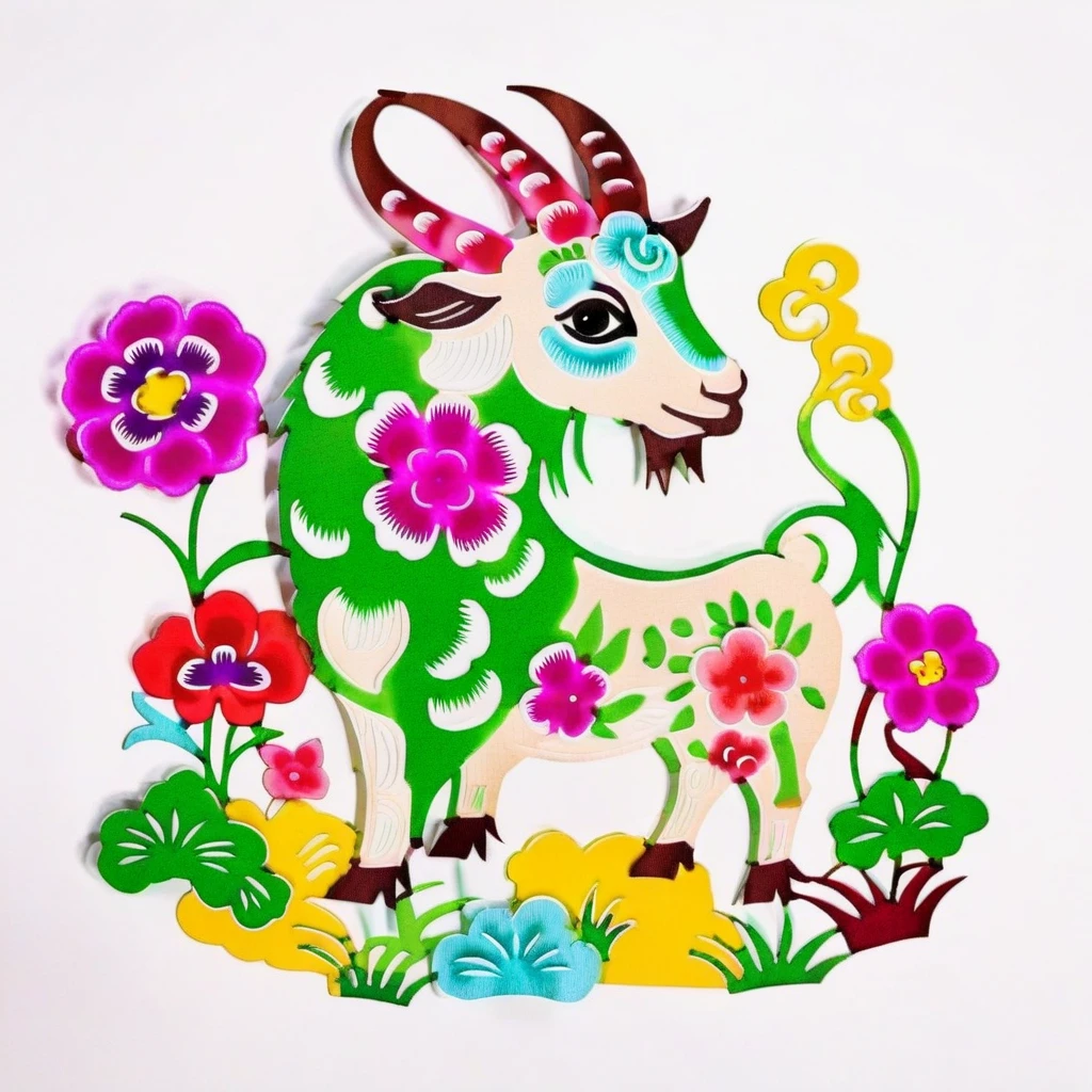 an image of a colorful goat,grass,flowers,solid white background,SP_CN_PPC,paper cutting <lora:0204_paper_cutting-checkpoint-5000:1.0>
