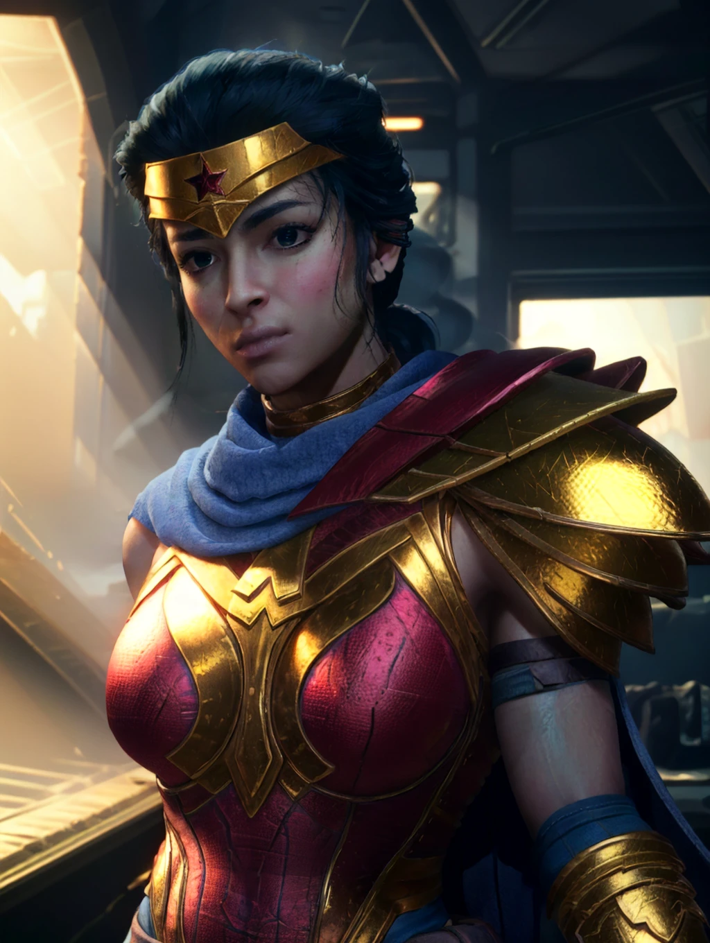 realistic, best quality, 8k uhd, dslr, soft lighting, high quality, portrait,  <lora:WonderWomanSSKTJLv1.0:0.8> wonderwomanssktjl,wonderwoman,1girl,solo,tiara,red and gold armor,blue pants,cape,shoulder armor,armor ,looking at viewer