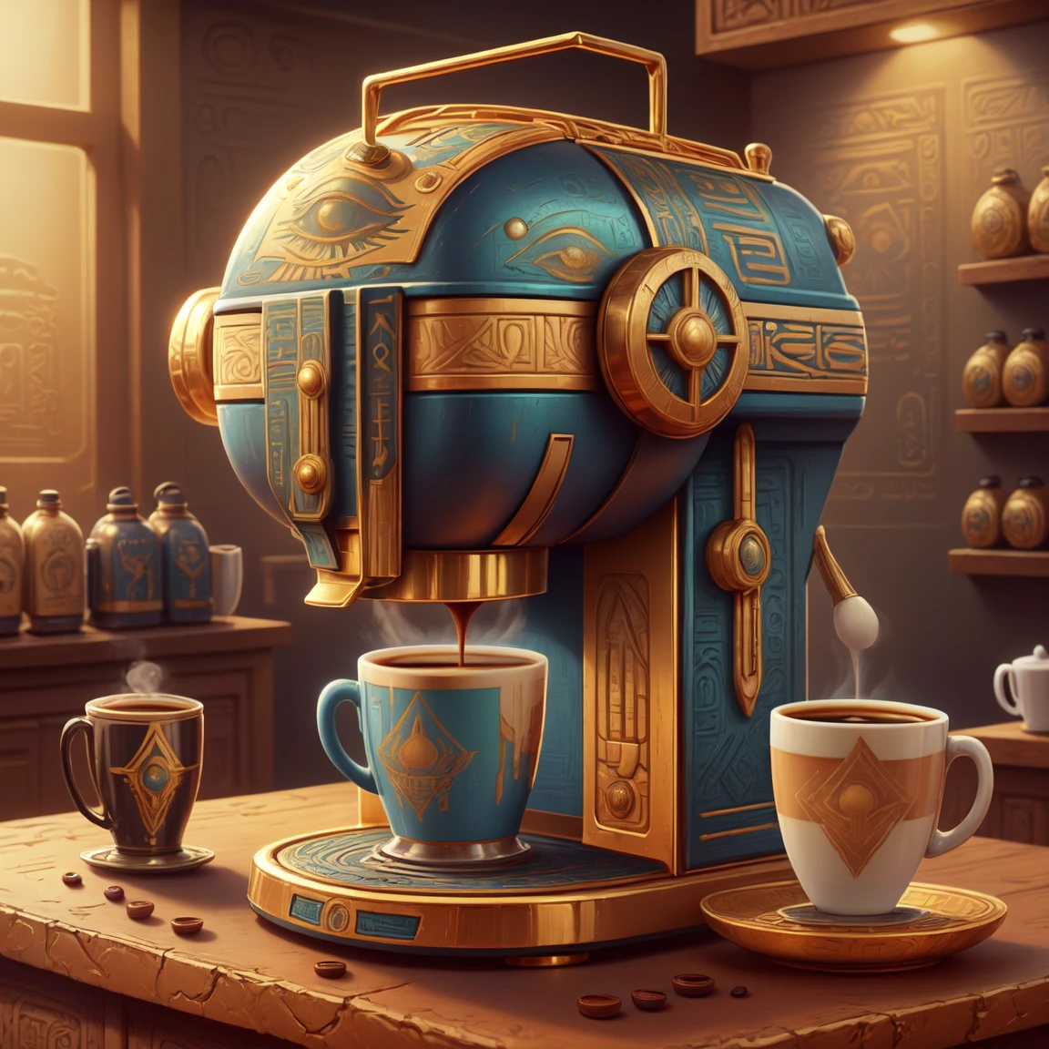 masterpiece, best quality, absurdres,  <lora:EgyptianWorld:1> egyptianworld, engravings, coffee machine on bar counter,