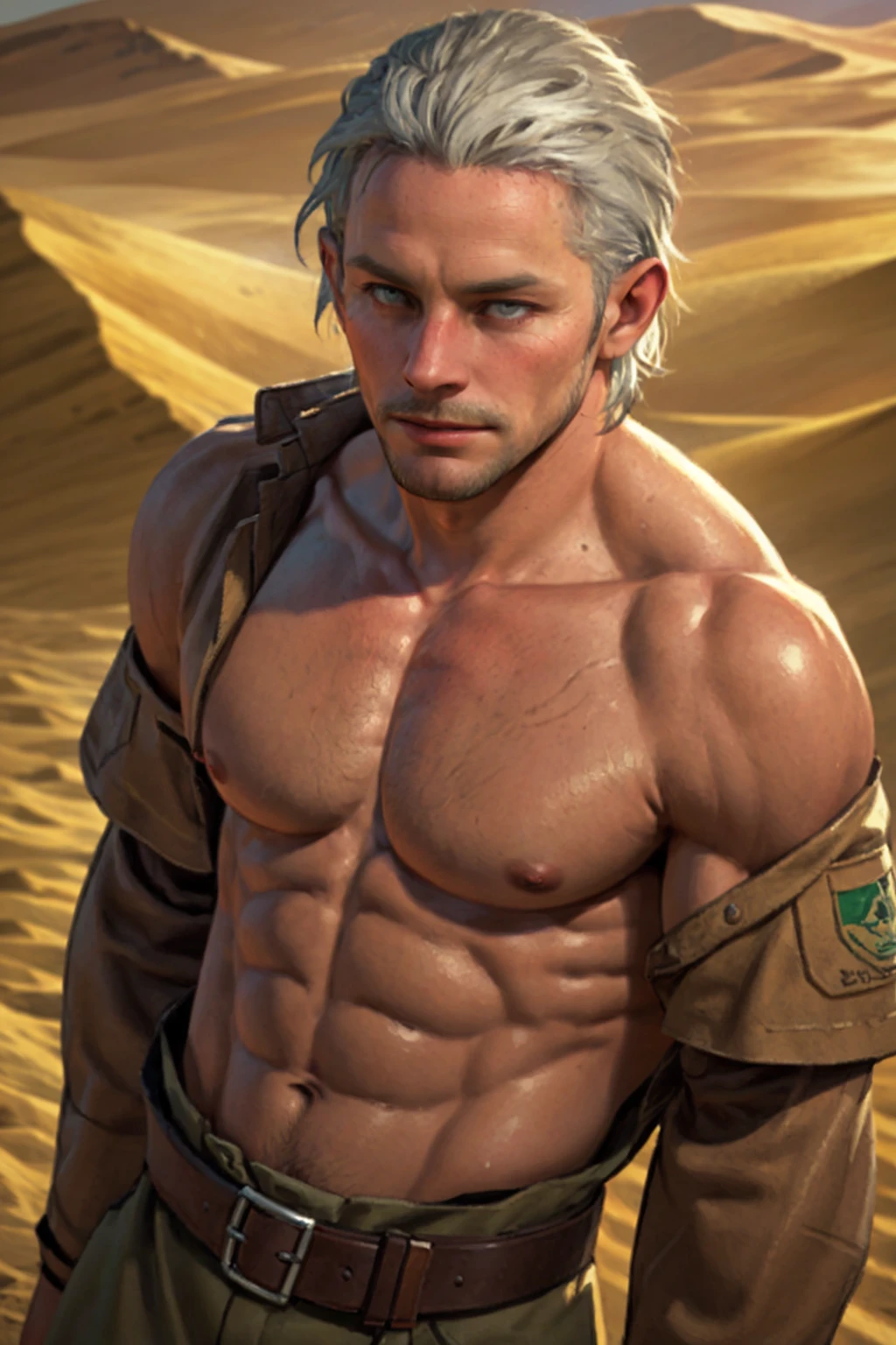 1boy, solo, Revolver Ocelot, 40 years old, grey eyes, white hair, stubble, (complete topless, shirtless:1.4), collarbone, bare shoulder, nare arms, dark brown canvas pants, knee-high cowboy boots with spurs, handsome, mature, masculine, virile, confidence, charming, alluring, upper body in frame, (Afghanistan desert:1.3), sky, perfect anatomy, perfect proportions, 8k, HQ, (best quality:1.5, hyperrealistic:1.5, photorealistic:1.4, madly detailed CG unity 8k wallpaper:1.5, masterpiece:1.3, madly detailed photo:1.2), (hyper-realistic lifelike texture:1.4, realistic eyes:1.2), high_resolution, picture-perfect face, perfect eye pupil, detailed eyes, perfecteyes, dutch angle,<lora:EMS-498-EMS:0.400000>,<lora:EMS-285147-EMS:0.500000>
