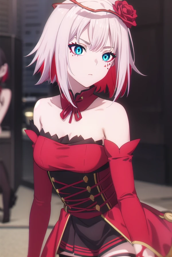 taktopdestiny, <lora:taktop destiny s1-henshin-lora-nochekaiser:1>,
destiny, short hair, hair ornament, flower, white hair, red hair, multicolored hair, hair flower, rose, colored skin, facial mark, red flower, red rose, thorns,
BREAK thighhighs, dress, bare shoulders, detached sleeves, black thighhighs, zettai ryouiki, strapless, detached collar, red dress, corset, red sleeves,
BREAK outdoors,
BREAK looking at viewer, (cowboy shot:1.5),
BREAK <lyco:GoodHands-beta2:1>, (masterpiece:1.2), best quality, high resolution, unity 8k wallpaper, (illustration:0.8), (beautiful detailed eyes:1.6), extremely detailed face, perfect lighting, extremely detailed CG, (perfect hands, perfect anatomy),