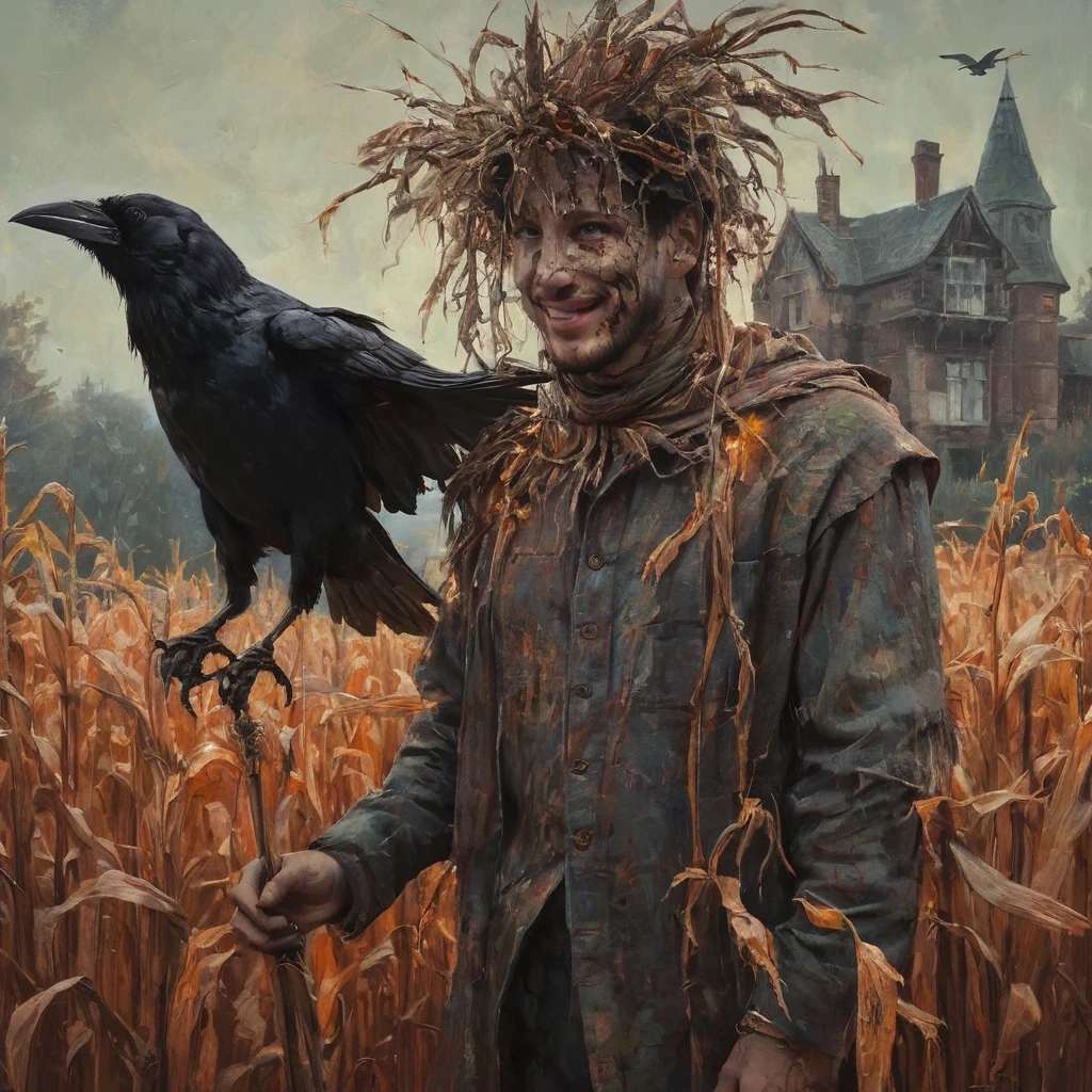 mathp jason ritter  <lora:mathp-jason_ritter-000001:1> highly detailed linework reminiscent of Carne Griffiths, (scarecrow:1.2), (crows:1.4), imbued with Wadim Kashim's bold color and texture, light and airy as Carl Larsson's compositions, dark background, dark, evil, castle, fire, featuring Pascal Blanche-style hyper realistic characters, pastel, elegance, dramatic lighting, expressive camera angle, matte, concept art, corn field