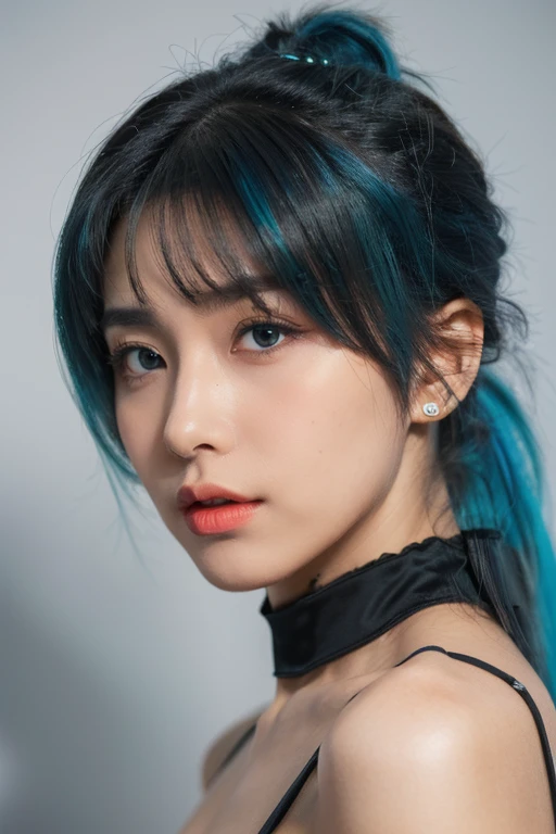 (masterpiece:1.35),(bestquality:1.4),8k,ultra-detailed,photography,(ultra-realistic:1.4),film grain,Fujifilm XT3,1girl,aisan slim female,solo,eyeliner,eyelashes,eyeshadow,lips,random_color_lipstick,random_color_nail_polish,stylish_chlothing,(Epic Detail,Cyc lighting,Eyeball,dynamic angle:1.45),(Neon blue Hair,drill hair,low ponytail,parted bangs:1.37),