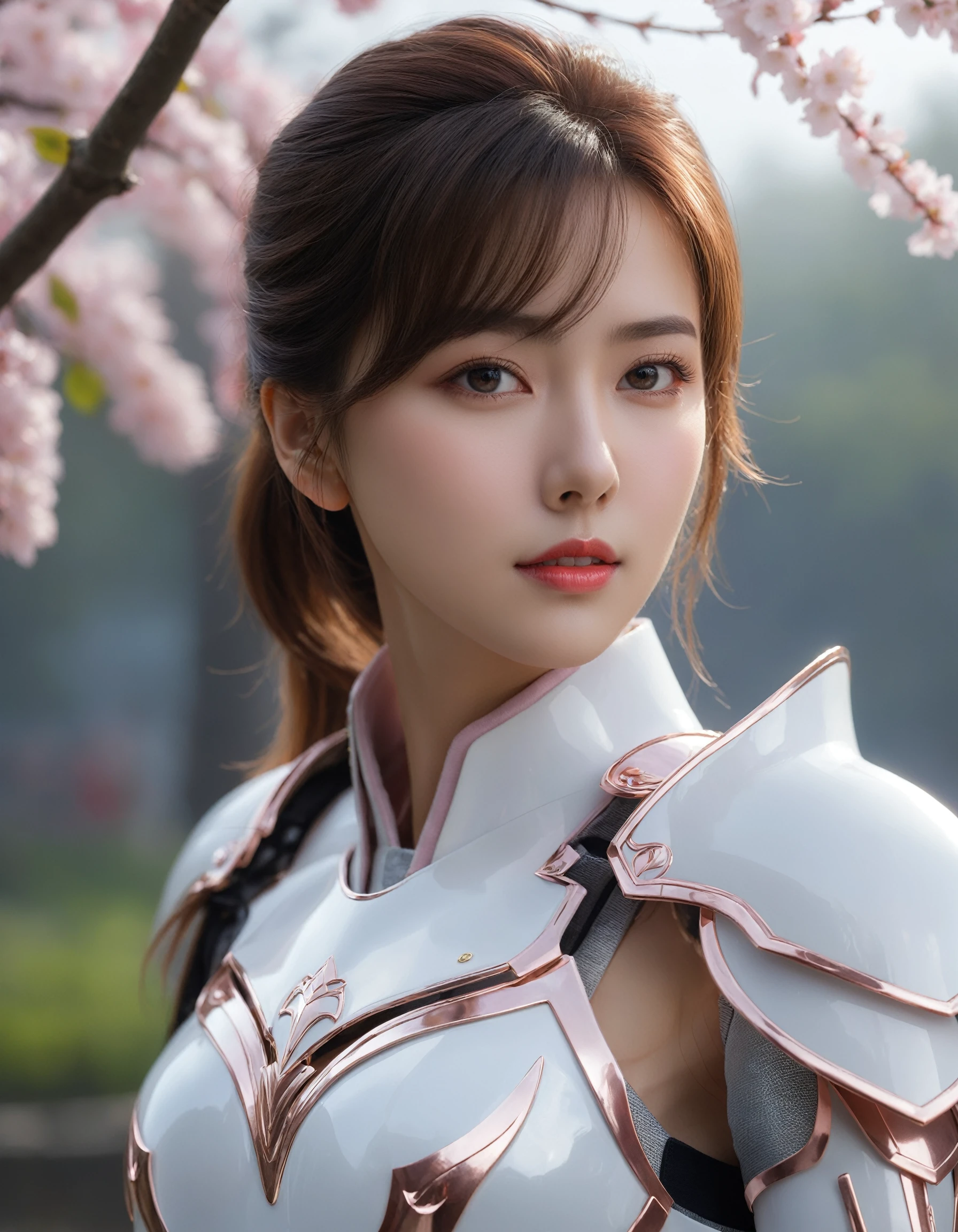 amazing quality, masterpiece, best quality, hyper detailed, ultra detailed, UHD, perfect anatomy, blurry background, outdoor,( cherry blossoms:0.6), fog, studio lighting, bright foreground, face to viewer, (pink hybrid white) armor, female, holding, sword with ral-elctryzt, ponytail, glowing, shine, dazzling, masterpiece, best quality, 1girl, extremely beautiful detailed face, best shadow, medium breasts, white shirt,