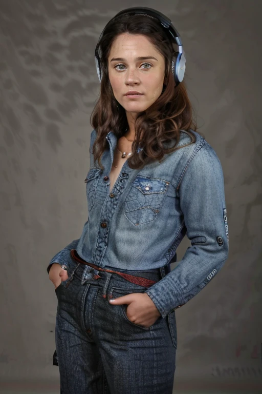 <lora:RT:1> 1girl, solo, realistic, r1873t, in a denim shirt is posing for a picture with her hands in her pockets and her hands in her pockets, 1girl, brown_hair, buttons, cowboy_shot, denim, headphones, jeans, jewelry, lips, long_hair, nose, pants, piercing, realistic, solo
