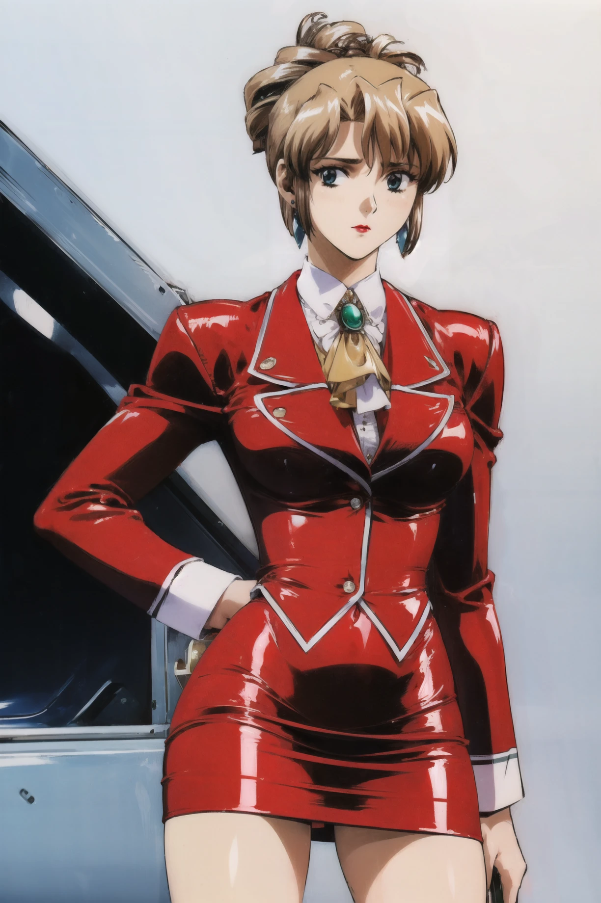 simple background , masterpiece, best quality, 1girl, looking at viewer, ultra detailed, <lora:add_detail:0.5>,cowboy shot, <lora:aika_FW:1> , folded ponytail, short hair, long sleeves, red jacket, white shirt, earrings, ascot, brooch, red jacket, red pencil skirt, red lips,