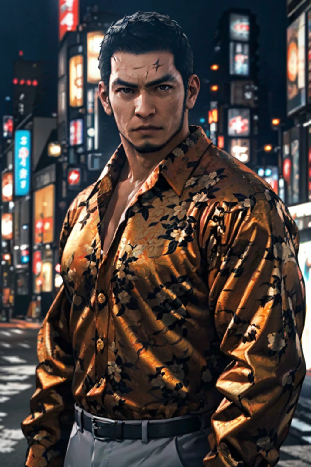 (1 image only),  solo male,  1boy,  Masaharu Kaito,  Yakuza,  38 years old,  Asian,  Japanese,  brown eyes,  black hair,  short hair,  cropped black hair,  chinstrap beard,  small scar cuts through left eyebrow,  handsome,  tall and muscular build,  orange and yellow and black floral silk button down shirt,  light grey dress pants,  black slip-on leather loafers,  fit body,  mature,  manly,  hunk,  masculine,  virile,  confidence,  charming,  alluring,  upper body in frame,  night at Kabukicho Tokyo,  perfect anatomy,  perfect proportions,  8k,  HQ,  (best quality:1.5,  hyperrealistic:1.5,  photorealistic:1.4,  madly detailed CG unity 8k wallpaper:1.5,  masterpiece:1.3,  madly detailed photo:1.2),  (hyper-realistic lifelike texture:1.4,  realistic eyes:1.2),  high_resolution,  picture-perfect face,  perfect eye pupil,  detailed eyes,  perfecteyes,  perfecteyes,  dutch angle,<lora:EMS-498-EMS:0.400000>,<lora:EMS-284837-EMS:0.700000>