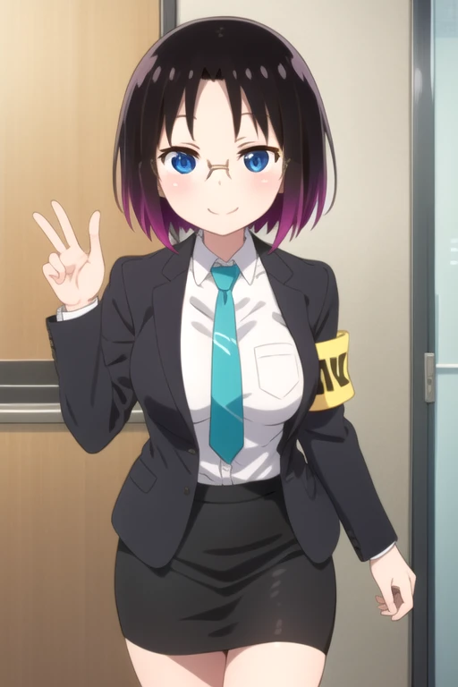 ((masterpiece)),(best quality),official art,extremely detailed CG,unity 8k wallpaper,ultra detailed,beautiful detailed eyes,extremely detailed face,office,1girl,solo,cowboy shot,looking at viewer,facing viewer,smile,short_hair,multicolored_hair,gradient_hair,black_hair,purple_hair,blue_eyes,glasses,black_jacket,collared_shirt,white_shirt,armband,aqua_necktie,large_breasts,long _sleeves,pencil_skirt,skirt_suit,black_skirt,high_heels,black_footwear,<lora:Elma(kscnm)>,