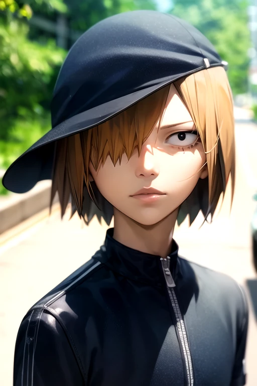 photorealistic, (4k), depth of field, (Masterpiece), (realistic skin texture), extremely detailed, intricate, hyper detailed, high resolution, professional photography, bokeh, depth of field, sharp detail, best quality, , 1boy, solo, male focus, <lora:hajime_aoyagi:0.88>, hajime_aoyagi, brown hair, black eyes, hair over one eye, , cloche hat, road, Blu-ray