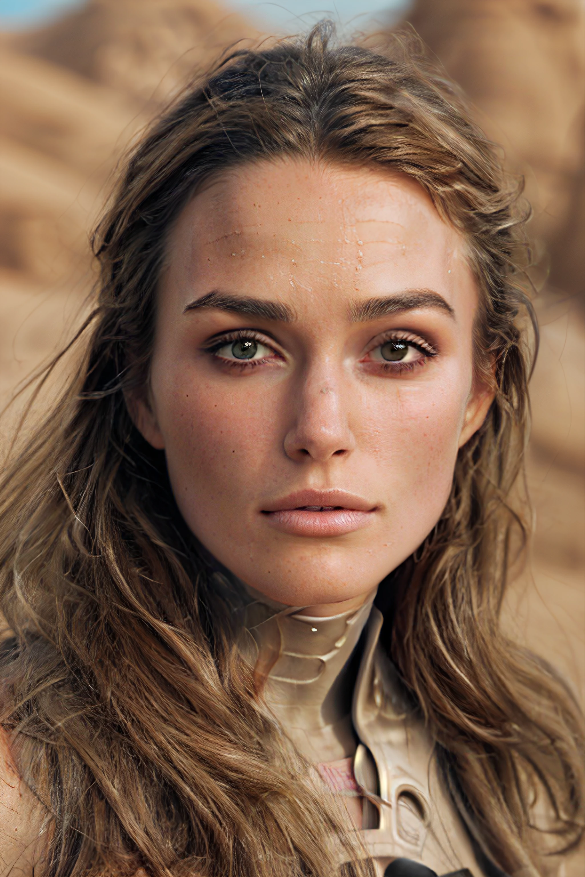 k31r4k, 1girl, face closeup, stillsuit, dunestyle, desert