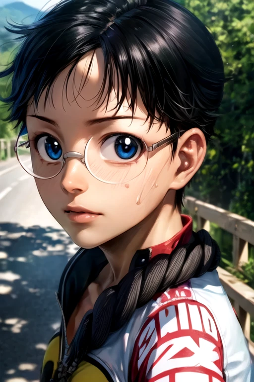 photorealistic, (4k), depth of field, (Masterpiece), (realistic skin texture), extremely detailed, intricate, hyper detailed, high resolution, professional photography, , depth of field, sharp detail, best quality, looking at viewer, 1boy, solo, male focus, <lora:sakamichi_onoda:0.94>, sakamichi_onoda, black hair, blue eyes, glasses, , rope bridge,