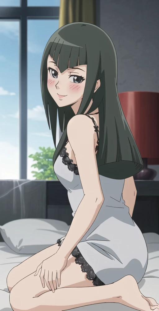 CC, 1girl, solo, angle view, looking at viewer, smile, blush, grey eyes, sitting on bed, bedroom, lace slip, leaning back, perfect quality, good quality, masterpiece, HDR, UHD <lora:Carly Carmine:0.8>