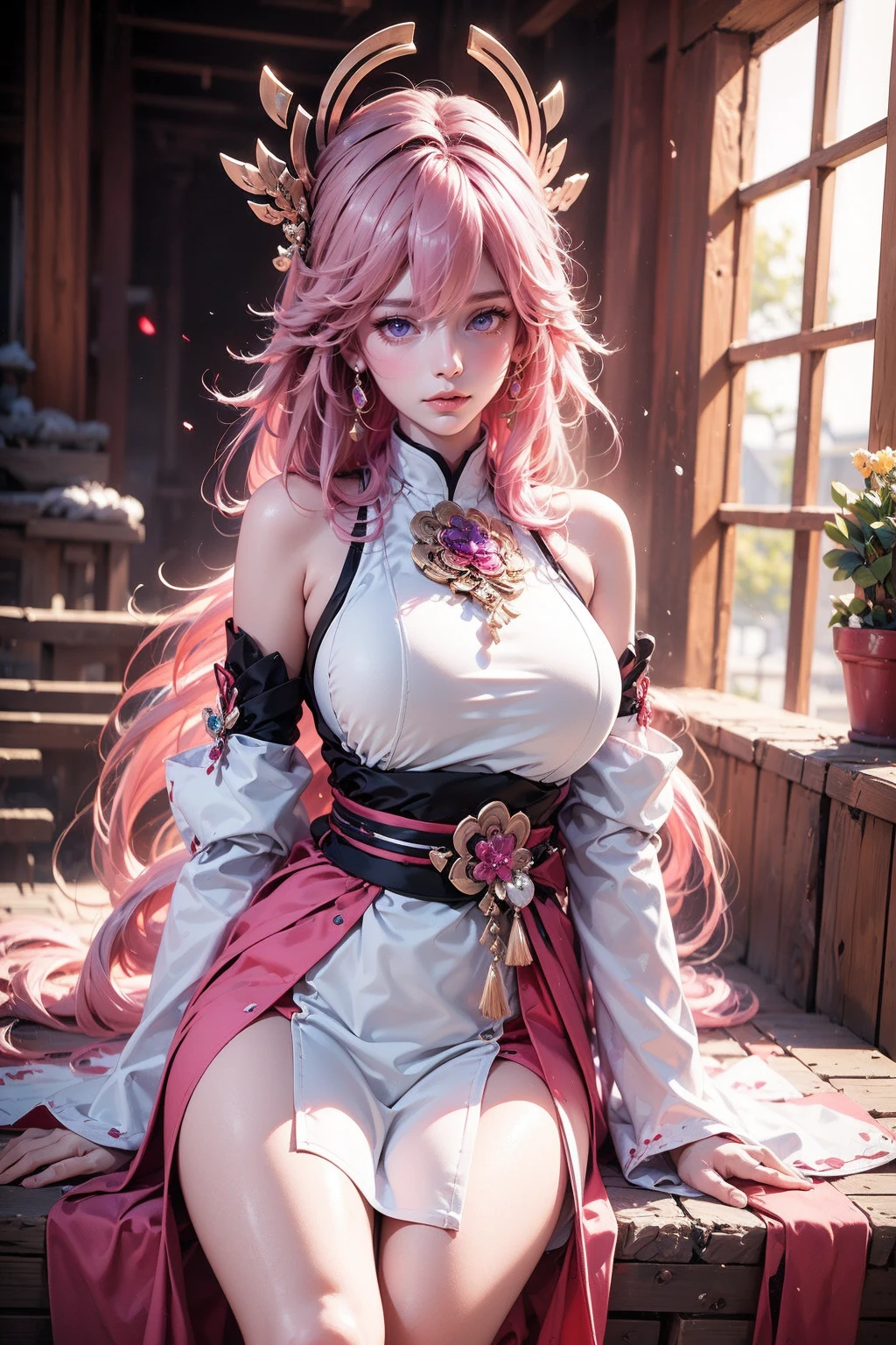 masterpiece, rich colors, Best quality, detailed, high resolution, Hyper quality, high detail, , high quality, detailing, The thin, sexy goddess Yae Miko stands by the house., pink hair, bald tail, bright lighting , green eyes, anime, palm trees, bright lighting, An oasis of calm. High Mountains, shrouded in serene mist, towering on the horizon, and the crystal clear lake reflects the azure sky above.
