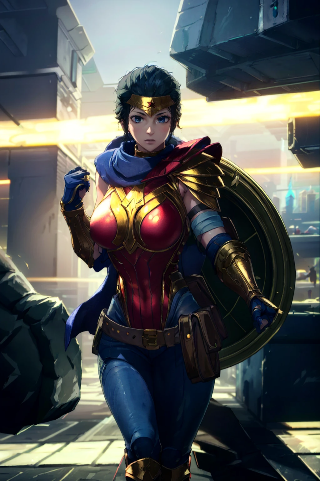 realistic, best quality, 8k uhd, dslr, soft lighting, high quality, Running in Motion, futuristic city, cyberpunk,,  <lora:WonderWomanSSKTJLv1.0:0.8> wonderwomanssktjl,wonder woman,1girl,solo,tiara,red and gold armor,blue pants,cape,shoulder armor,armor ,looking at viewer