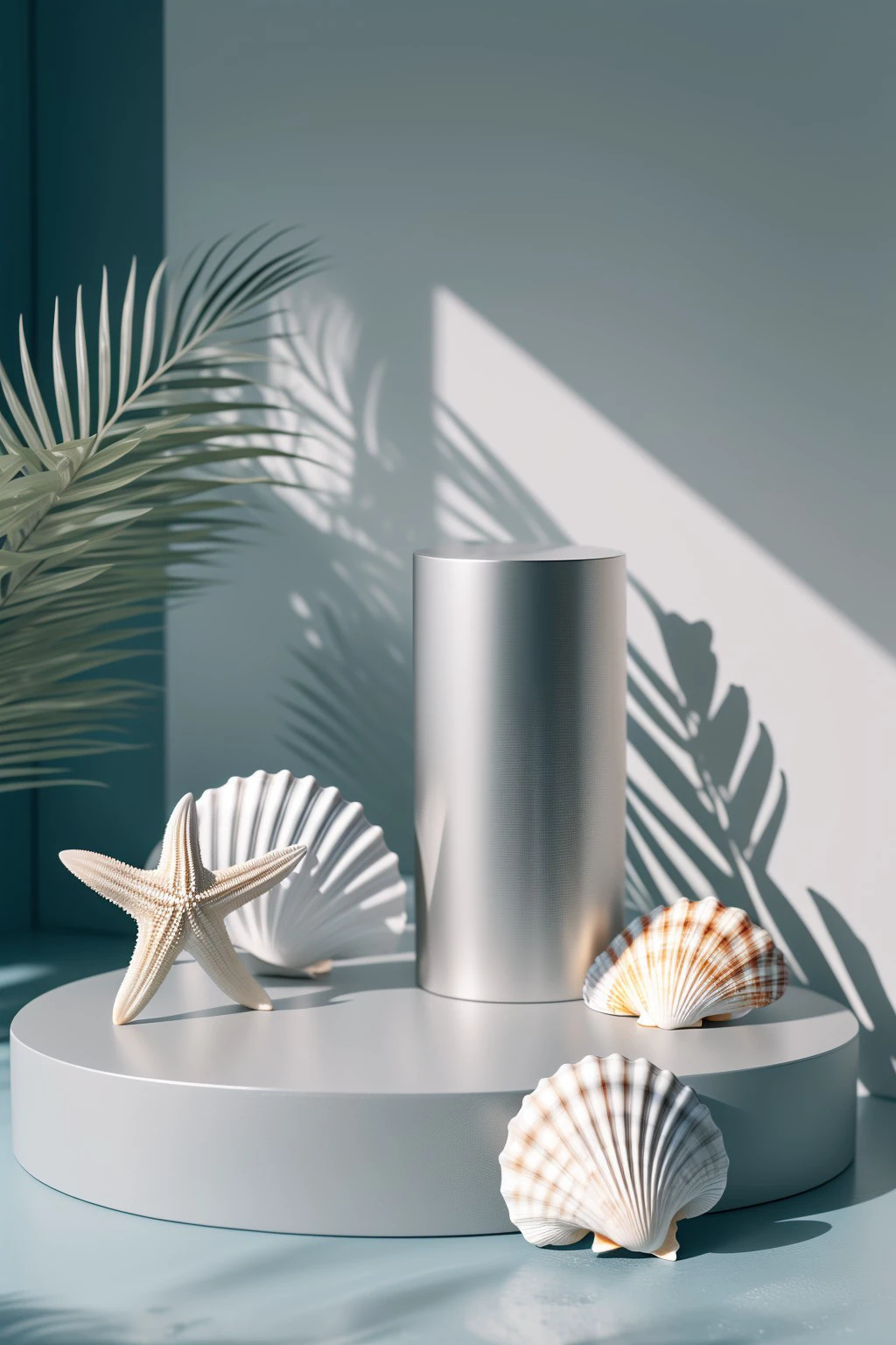 masterpiece, high quality, Cylindrical product stand, silver and gray theme, seashells and starfish, J_showcase , <lora:aki:0.8>