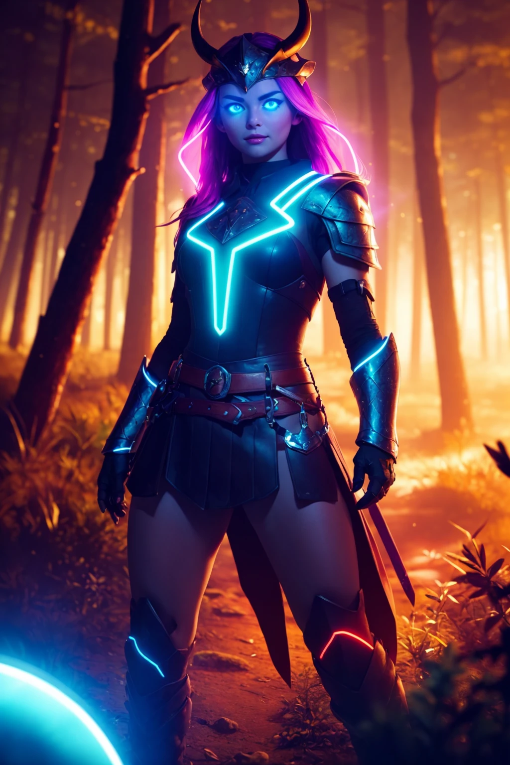 8K, (best quality:1.3), (masterpiece:1.3), (detailed:1.2), UHD, distinct image, (Cowboy shot), ((photogenic, rule of thirds)), RAW photo, sharp focus, film grain and rich, deep colors, shadows Solo, looking at viewer, long hairstyle, Neon viking armor, neon hamelet, blue glowing eyes, Viking Style, Forest,((female pov)), natural volumetric lighting, Neon ethereal ligthing,