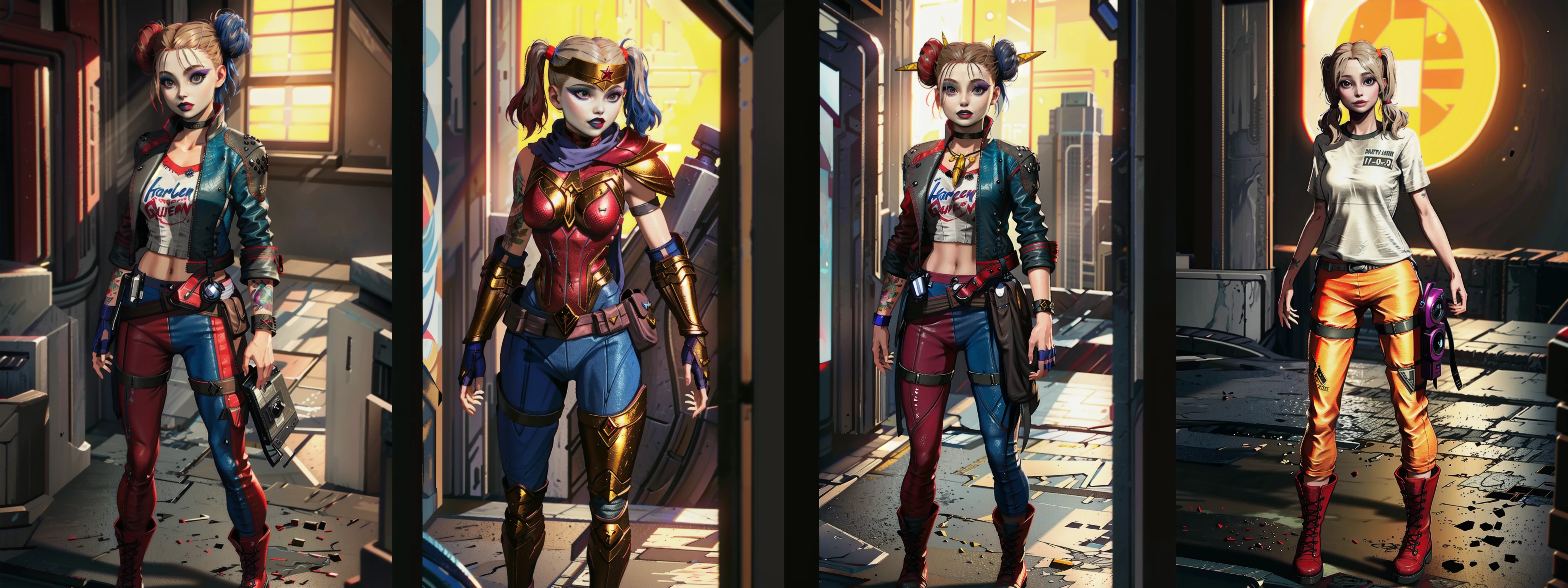 realistic, best quality, 8k uhd, dslr, soft lighting, high quality, standing, full body, <lora:HarleyQuinnSSKTJLv1.1-000009:0.8> harleyquinnssktjl / 1girl / solo / double bun / jacket / red and blue outfit / jacket / tattoo / makeup / choker / midriff / crop top / makeup / boots / red and blue pants
