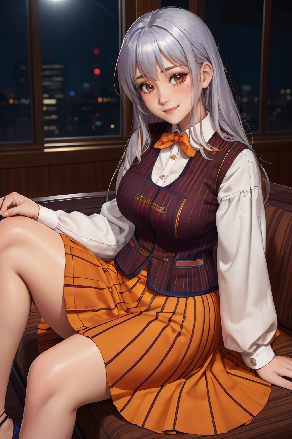 best quality, masterpiece, colorful, high contrast, dynamic lighting, 1girl, <lora:NSClothofMine:1> orange NSCoM, wearing orange NSCoM, 1girl, embroidery, pinstripe pattern, silver hair, heavy blush, smile, sitting, skirt