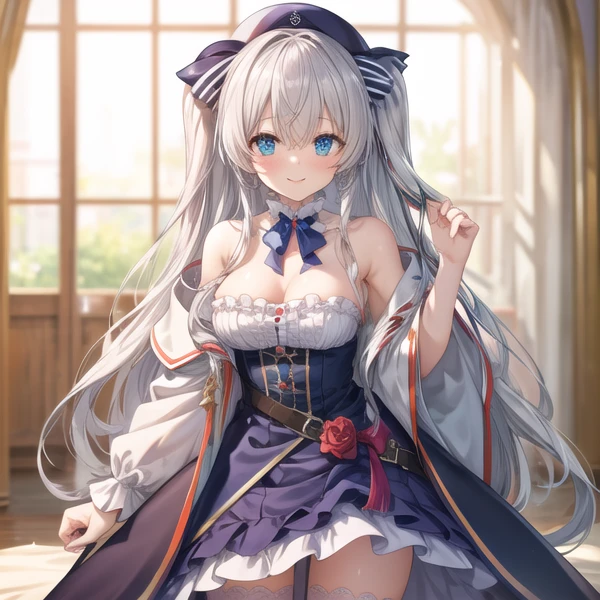 (masterpiece, photorealistic, best quality, extremely detailed CG, beautiful detailed eyes, ultra-detailed, panorama, depth of field, intricate details),(Sliver hair, long hair, blue eyes),(detailed beautiful eyes:1.3),large breasts,rib cage,perfect female waist,light blush,white thighhighs,According to predicate,((detailed background, smile, celia claire, (white capelet:0)), ,(nsfw:0.4)<lora:celiaClaireSeireiGensouki_whiteCapelet:1>,, ,<lora:add_detail:0.5>