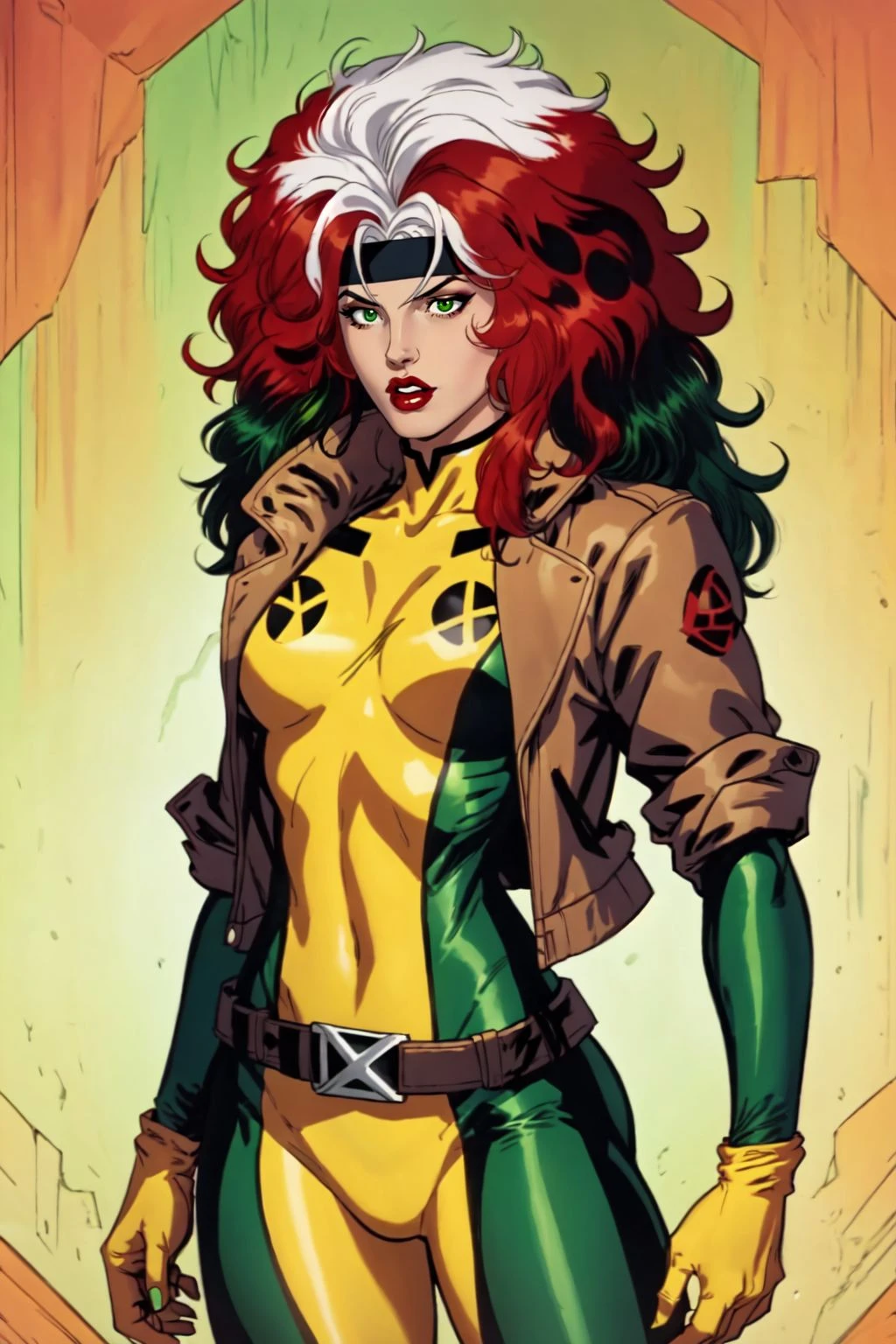 clsscrgedsk, 1girl, long hair, 1boy, jacket, white hair, red hair, multicolored hair, belt, two-tone hair, bodysuit, makeup, headband, parody, lipstick, sleeves rolled up, dyed bangs, multicolored bodysuit, green bodysuit, yellow bodysuit, masterpiece, best quality , official art , <lora:Classic_Rogue:0.8>